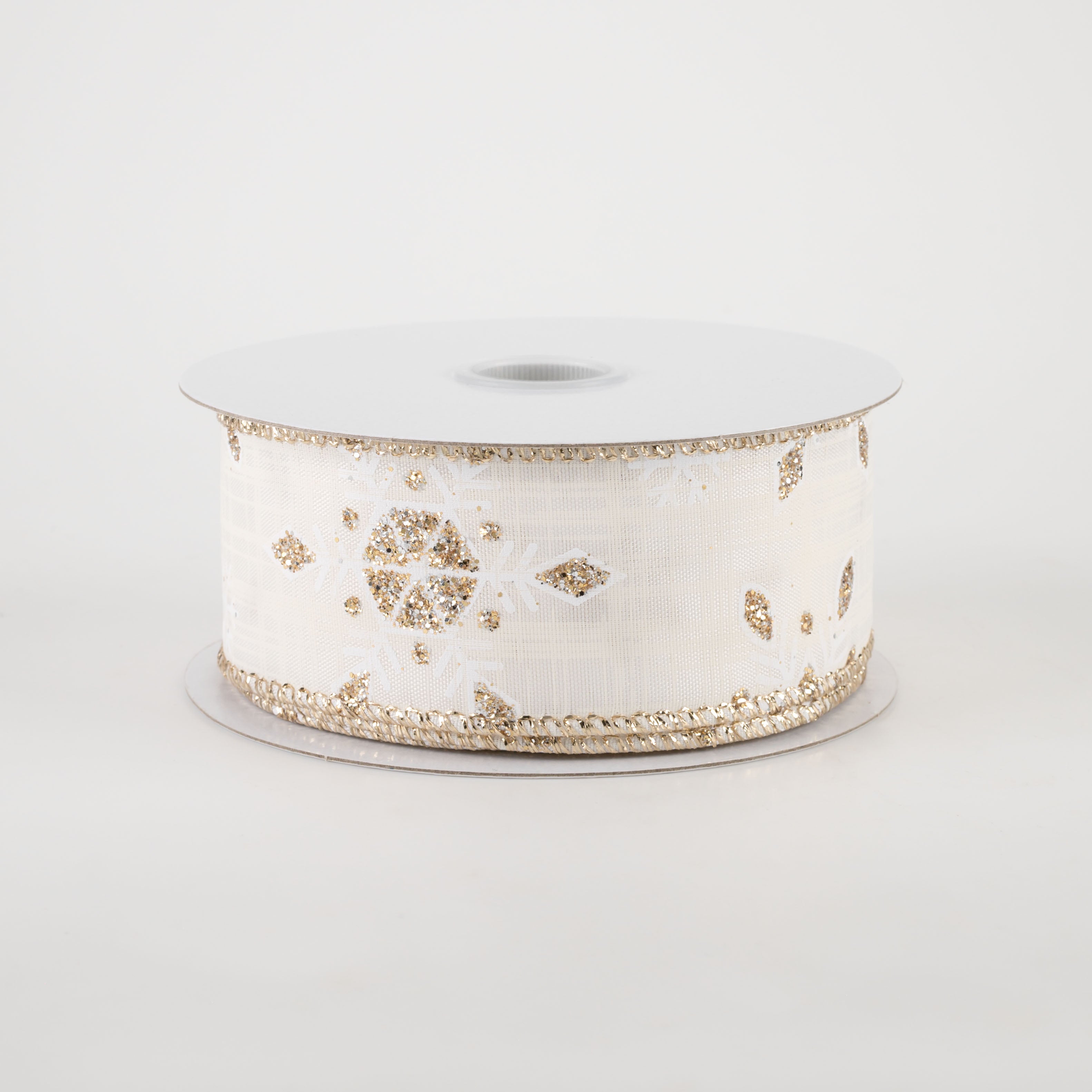 1.5" Satin Champagne Glitter Snowflake Ribbon (10 Yards)