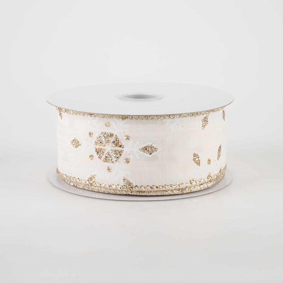 1.5" Satin Champagne Glitter Snowflake Ribbon (10 Yards)