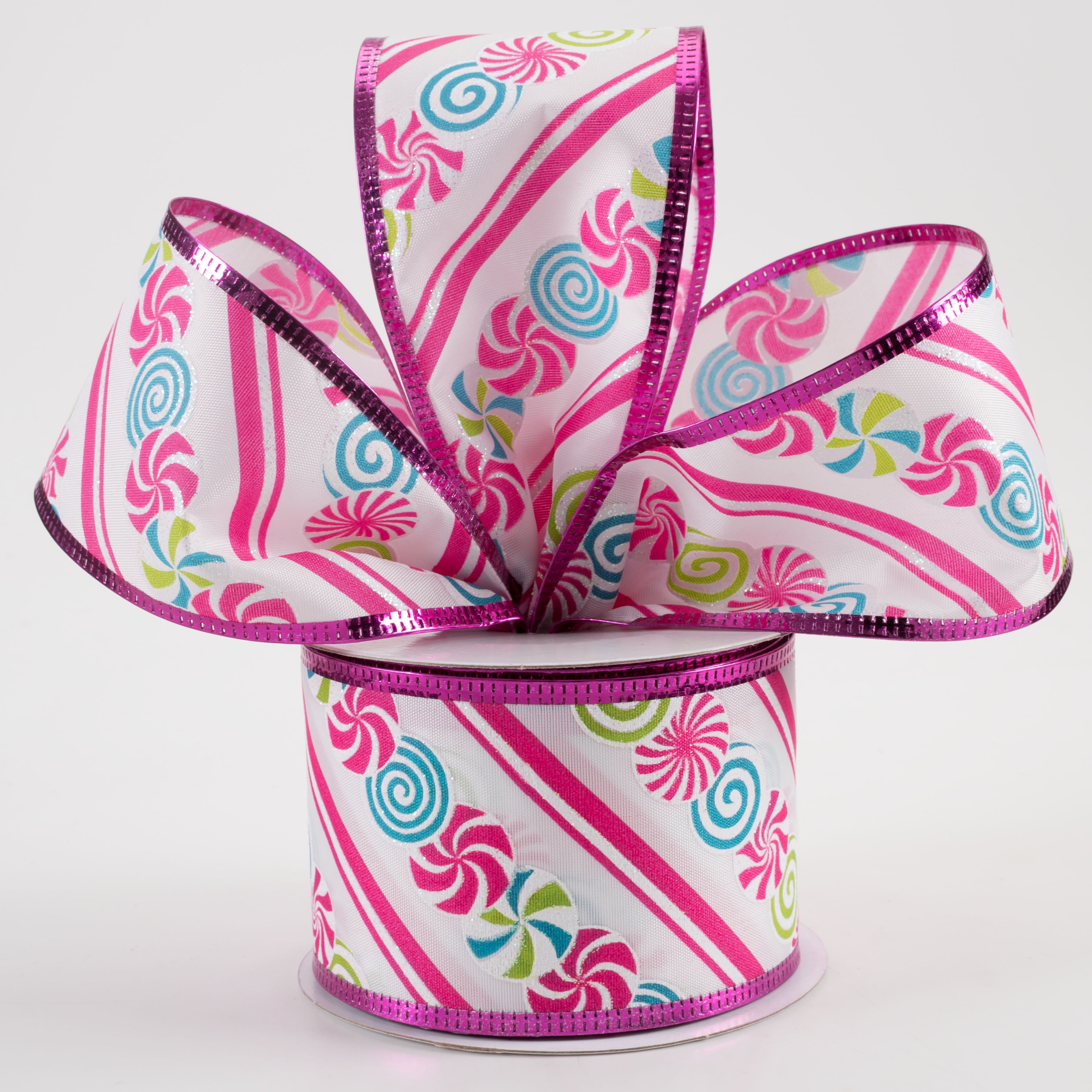2.5" Satin Christmas Candy Diagonal Stripe & Metallic Edge Ribbon: Fuchsia (10 Yards) Lifestyle Photo