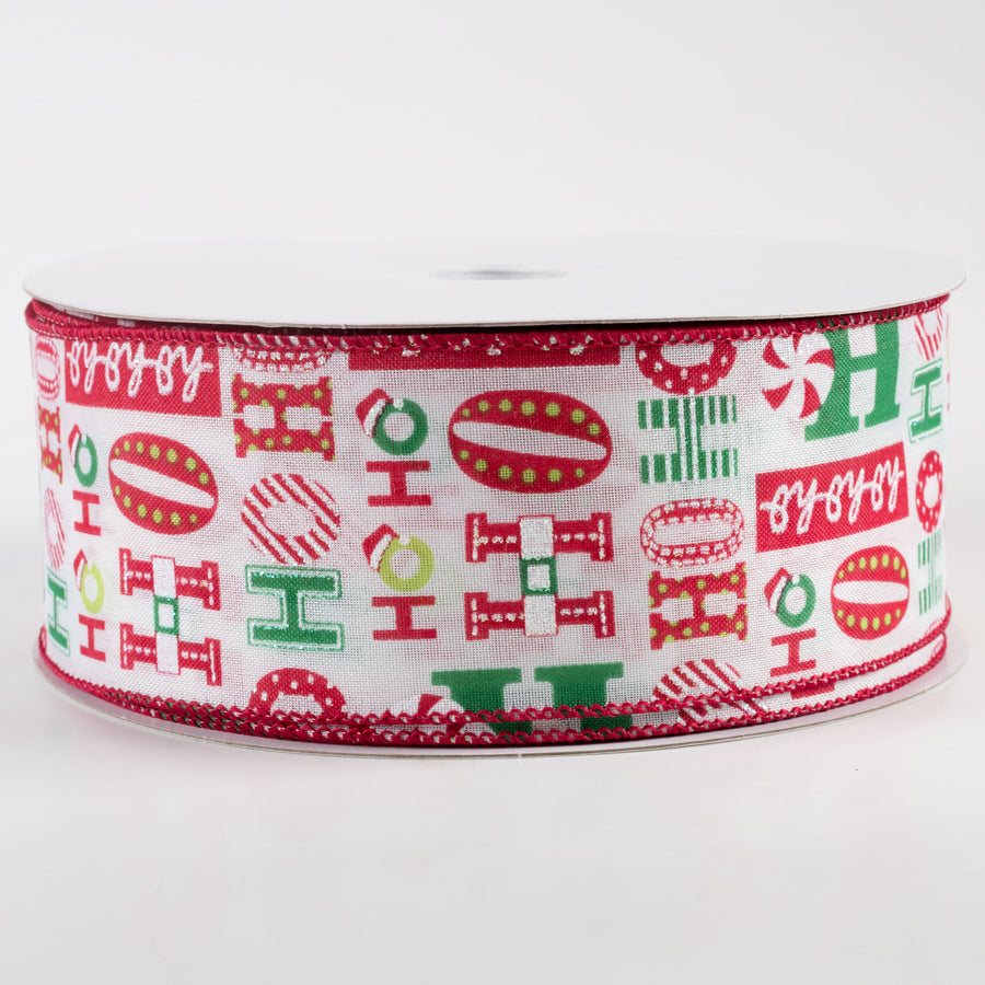 2.5" Satin Christmas Ho Ho Ho Ribbon: White, Red, Green (50 Yards)