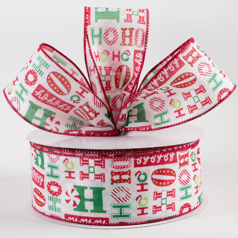 2.5" Satin Christmas Ho Ho Ho Ribbon: White, Red, Green (50 Yards) Lifestyle Photo