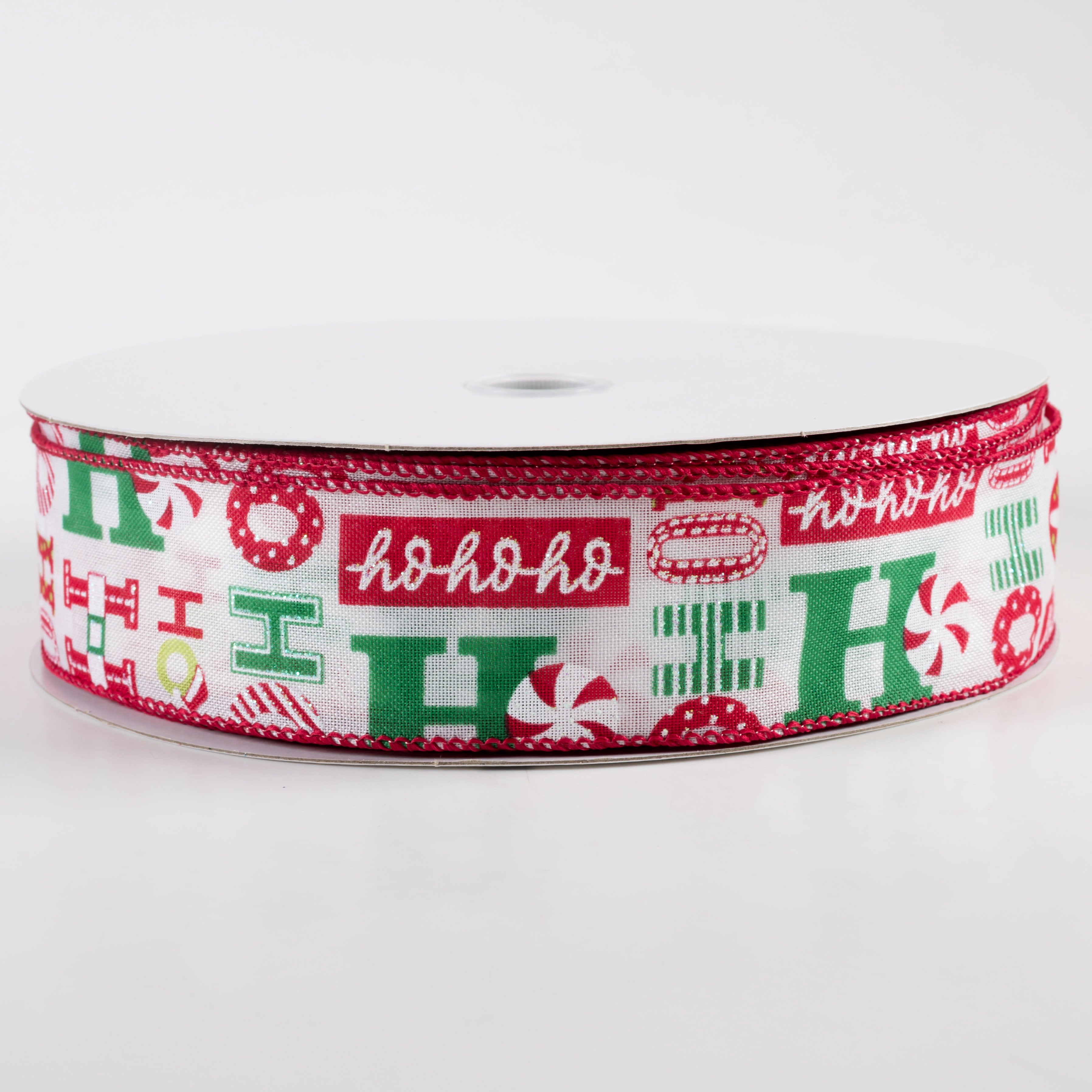 1.5" Satin Christmas Ho Ho Ho Ribbon: White, Red, Green (50 Yards)