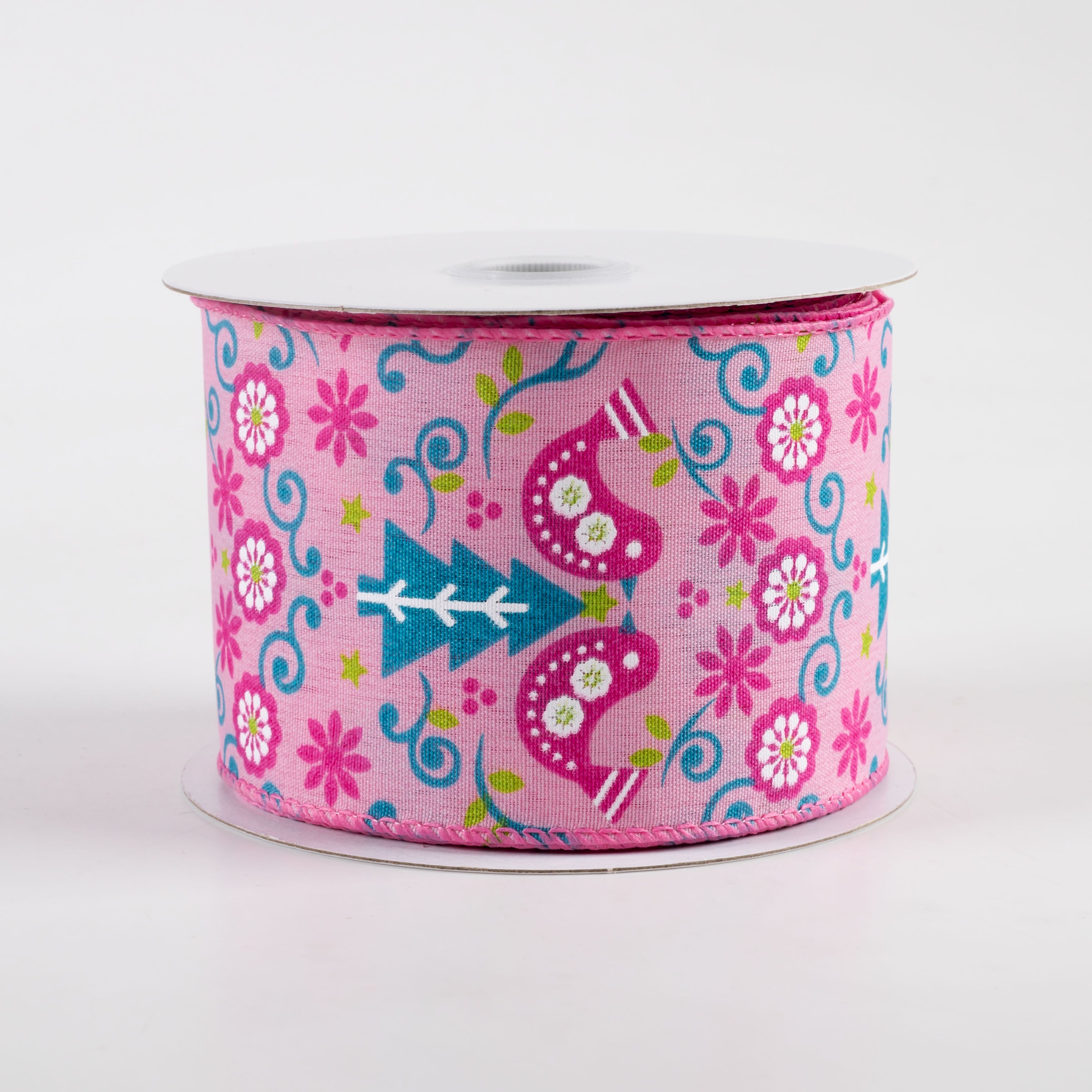 2.5" Satin Christmas Tree Birds Damask Ribbon: Pink & Blue (10 Yards)