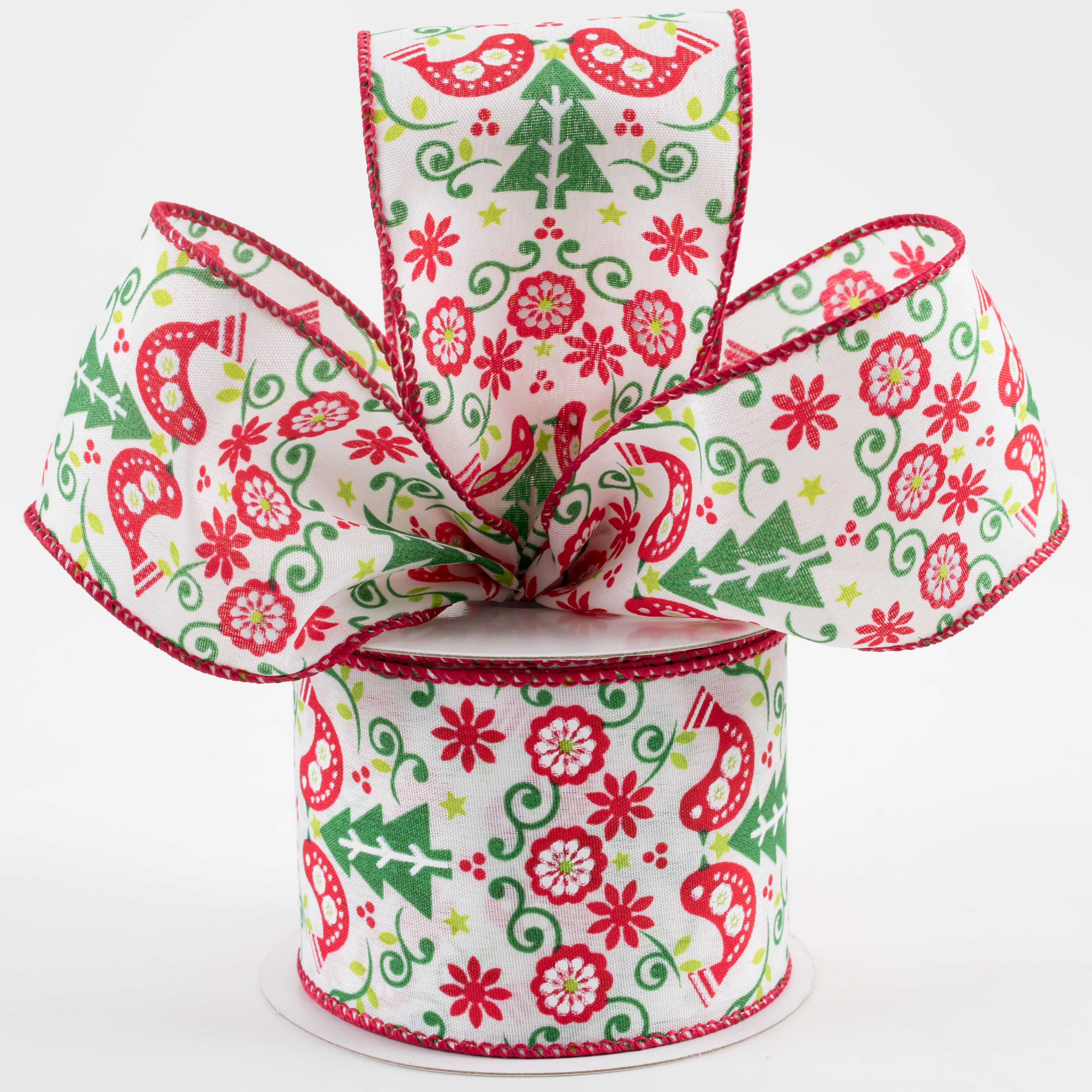 2.5" Satin Christmas Tree Birds Damask Ribbon: Red & Green (10 Yards) Lifestyle Photo