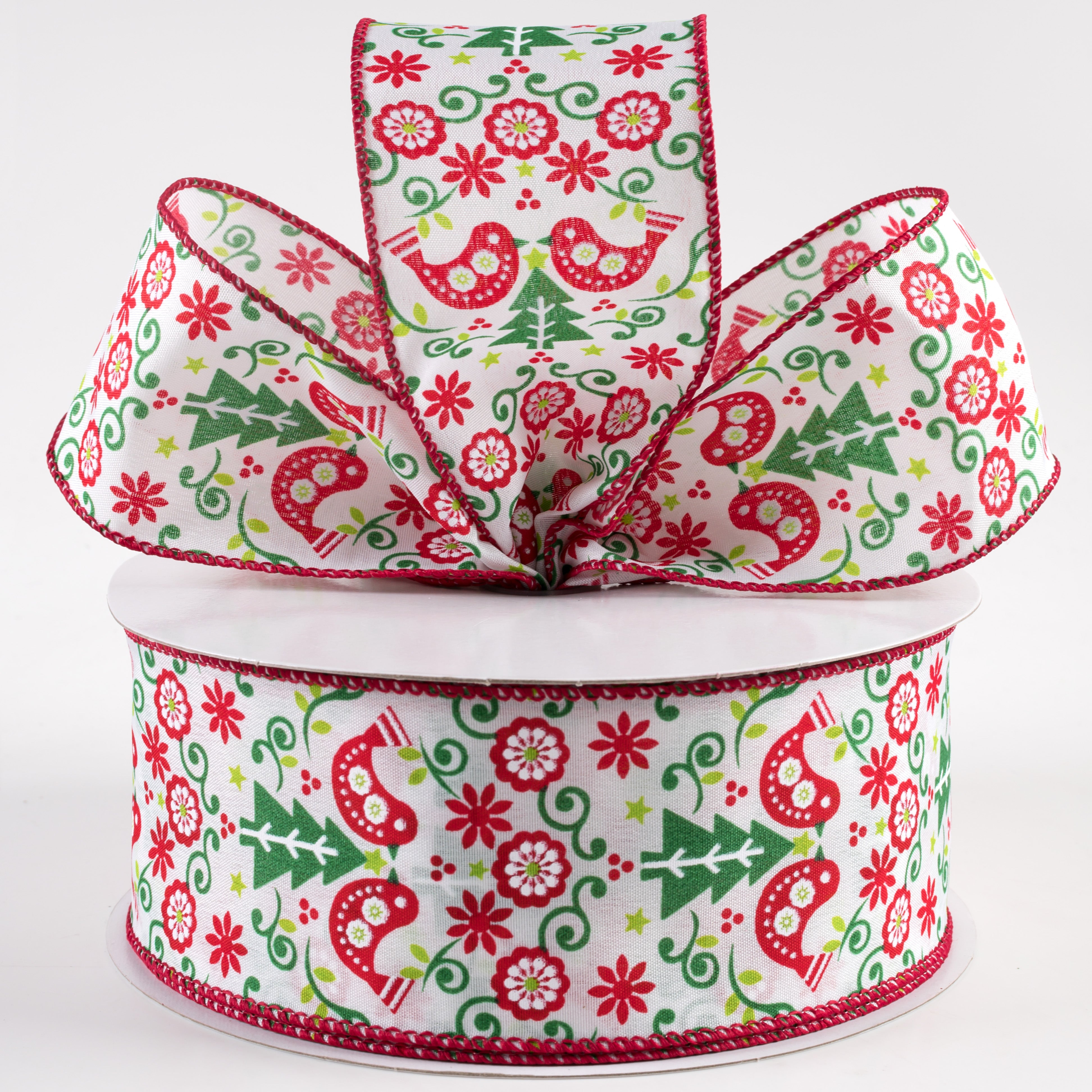 2.5" Satin Christmas Tree Birds Damask Ribbon: Red & Green (50 Yards) Lifestyle Photo
