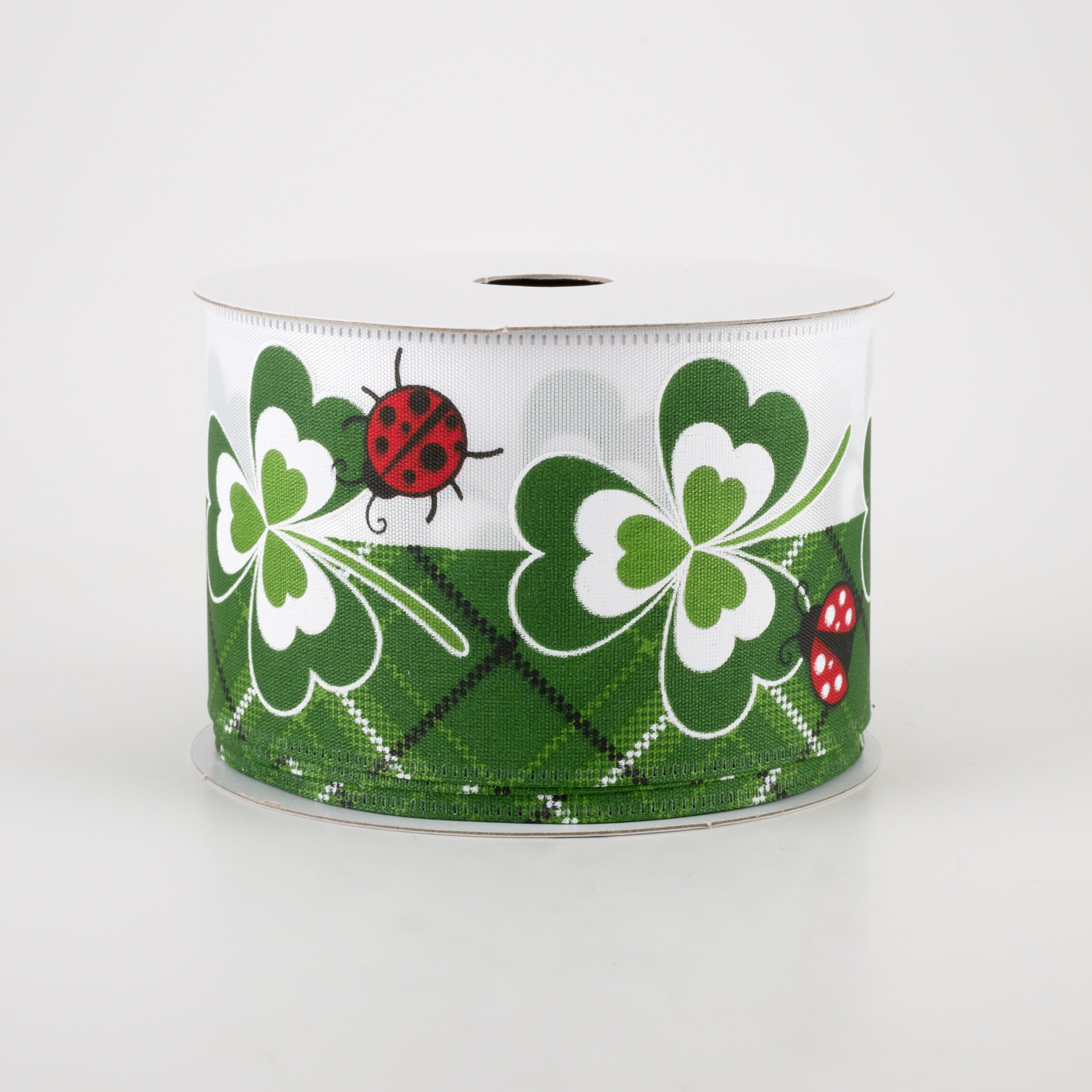 2.5" Satin Clovers & Ladybugs Ribbon: White (10 Yards) Item Number: 25209-40-01