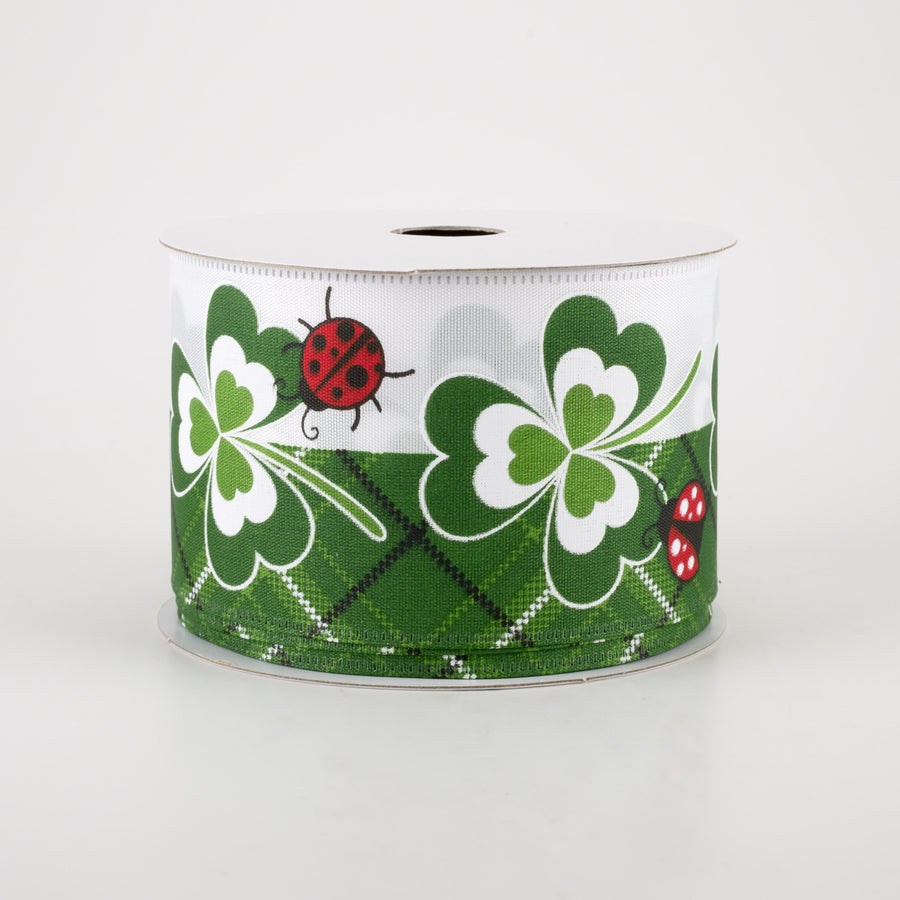 2.5" Satin Clovers & Ladybugs Ribbon: White (10 Yards) Item Number: 25209-40-01