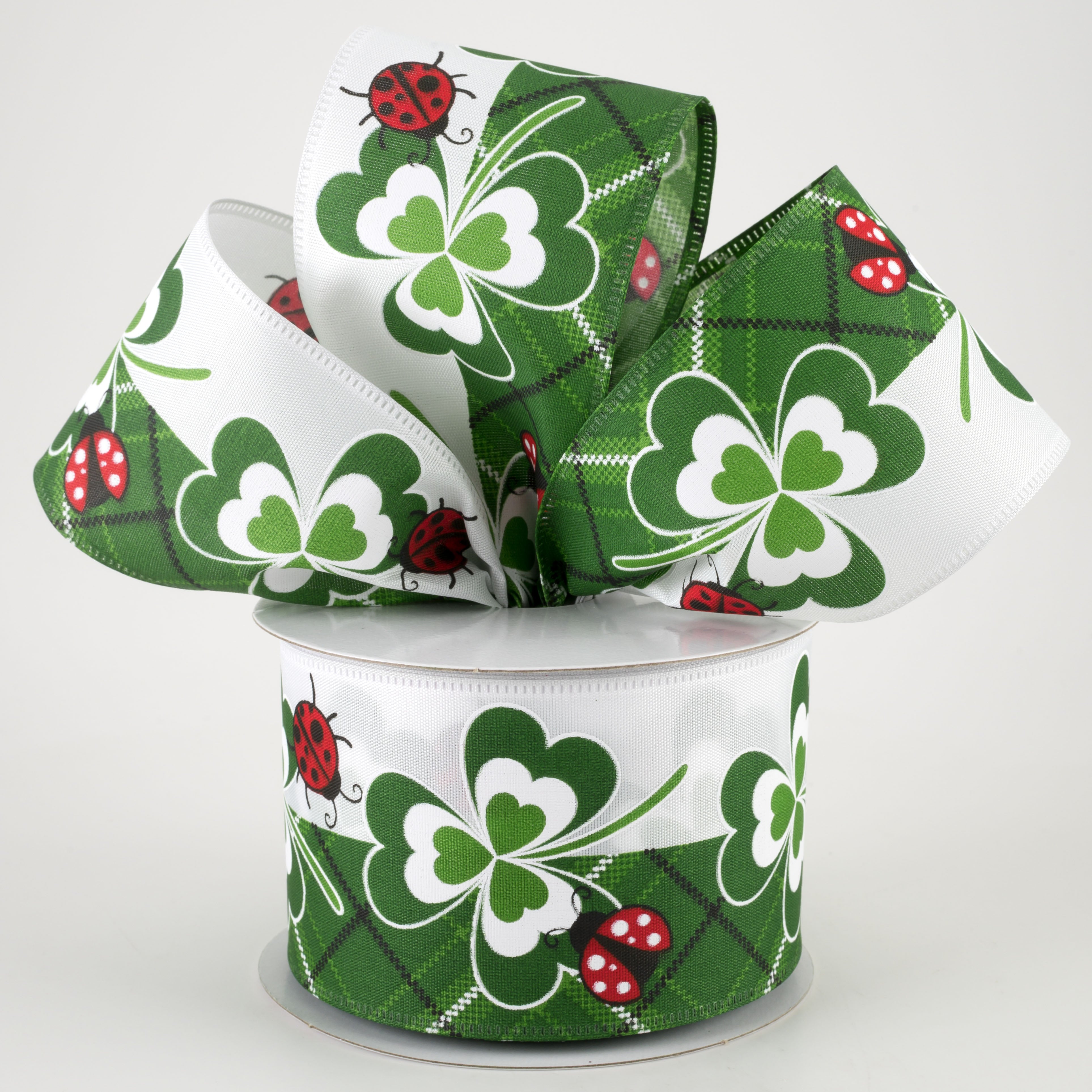2.5" Satin Clovers & Ladybugs Ribbon: White (10 Yards) Lifestyle Photo