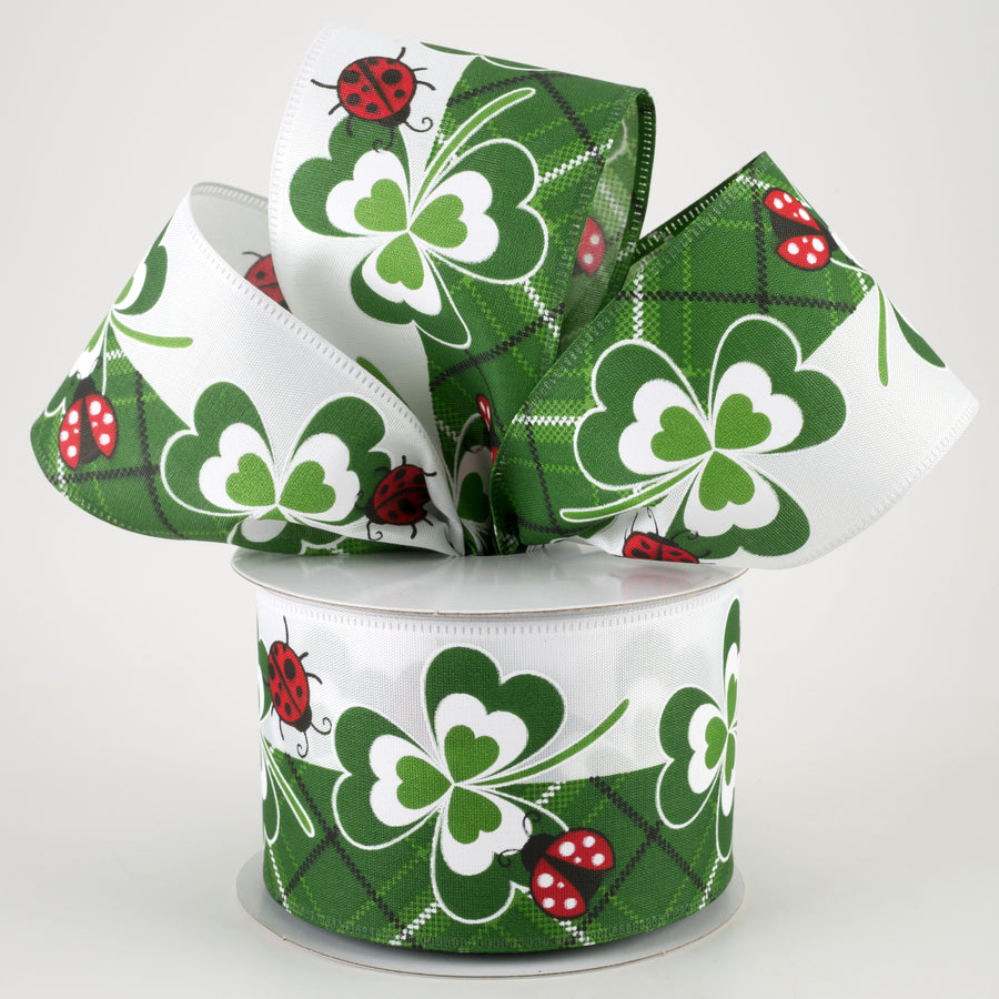 2.5" Satin Clovers & Ladybugs Ribbon: White (10 Yards) Lifestyle Photo