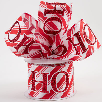 2.5" Satin Diagonal Stripe Glitter Ho Ho Ho Ribbon: White & Red (10 Yards) Lifestyle Photo