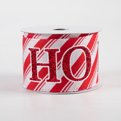 2.5" Satin Diagonal Stripe Glitter Ho Ho Ho Ribbon: White & Red (10 Yards)