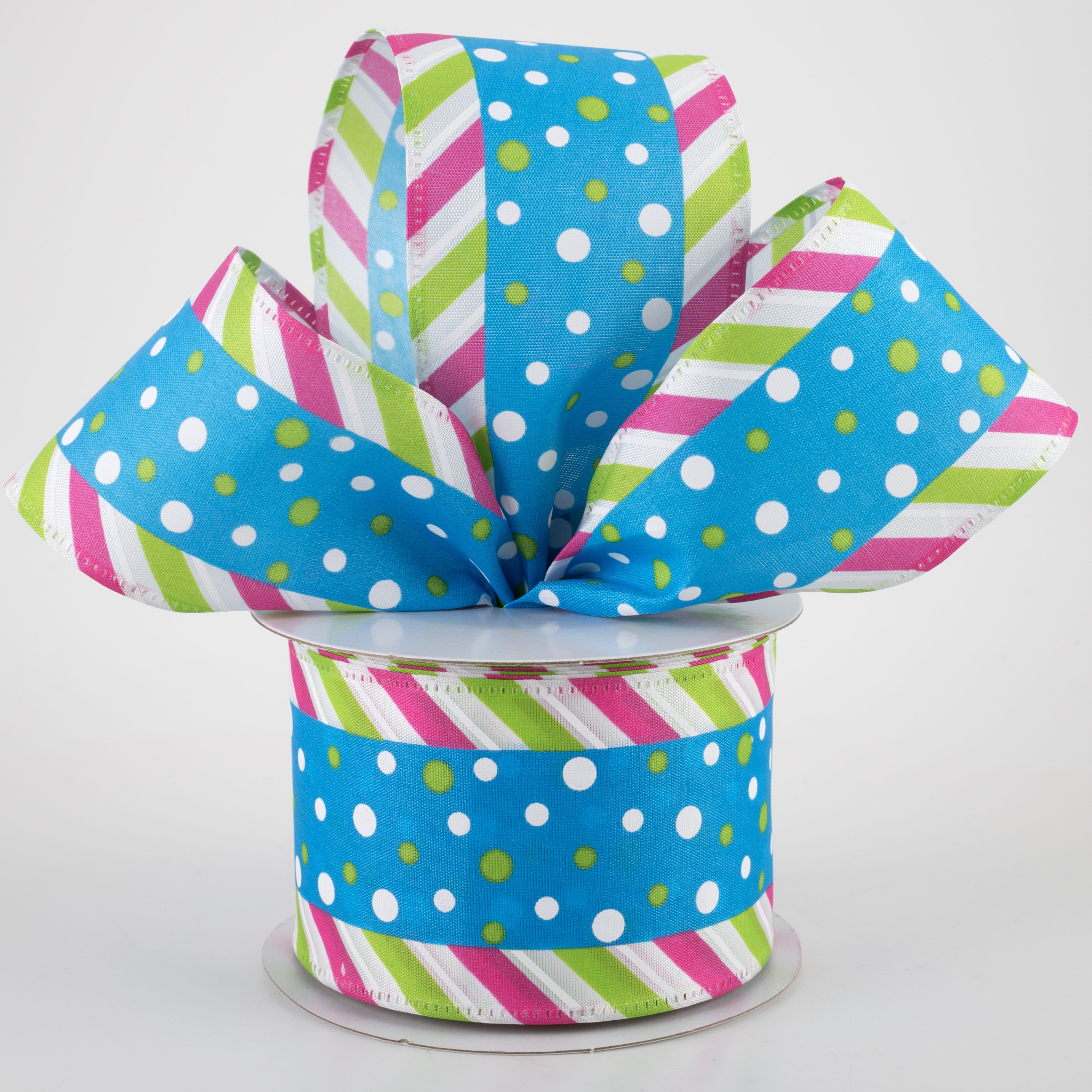 2.5" Satin Dots & Diagonal Stripe Edge Ribbon: Turquoise (10 Yards) Lifestyle Photo