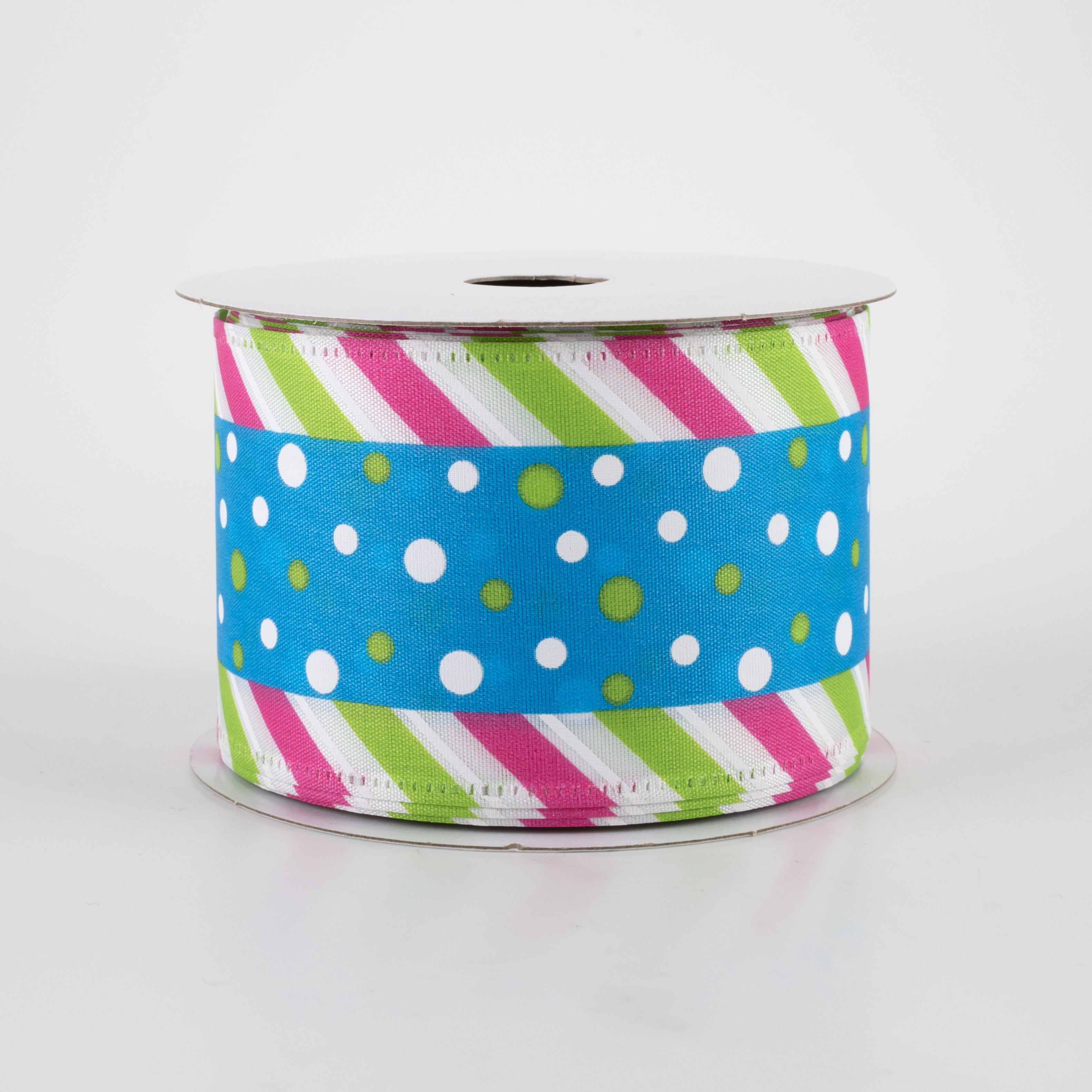 2.5" Satin Dots & Diagonal Stripe Edge Ribbon: Turquoise (10 Yards) Item Number: 45211-40-39
