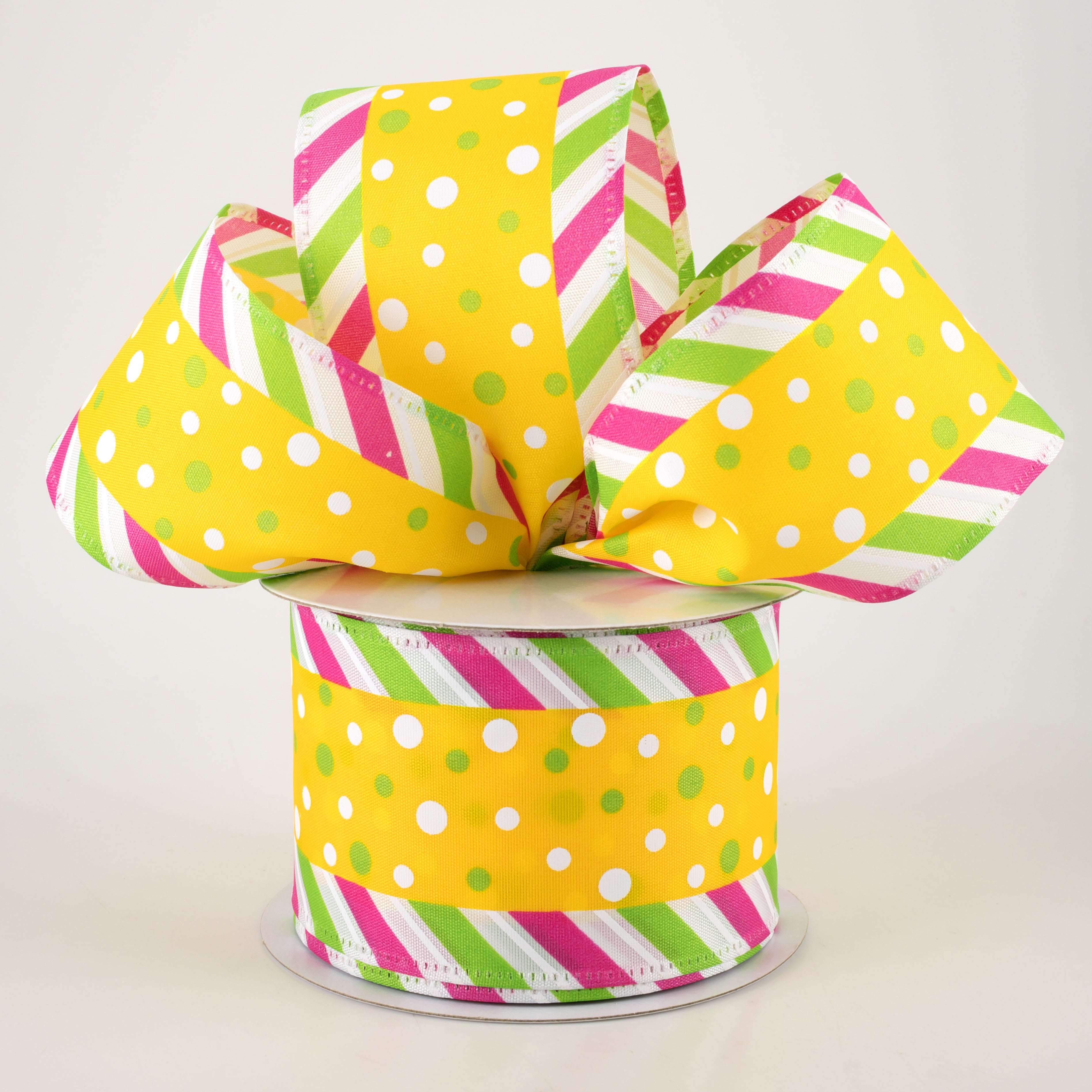 2.5" Satin Dots & Diagonal Stripe Edge Ribbon: Yellow (10 Yards) Lifestyle Photo