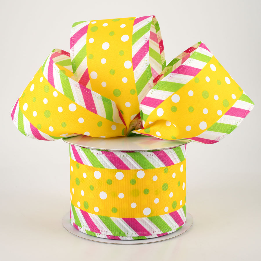 2.5" Satin Dots & Diagonal Stripe Edge Ribbon: Yellow (10 Yards) Lifestyle Photo