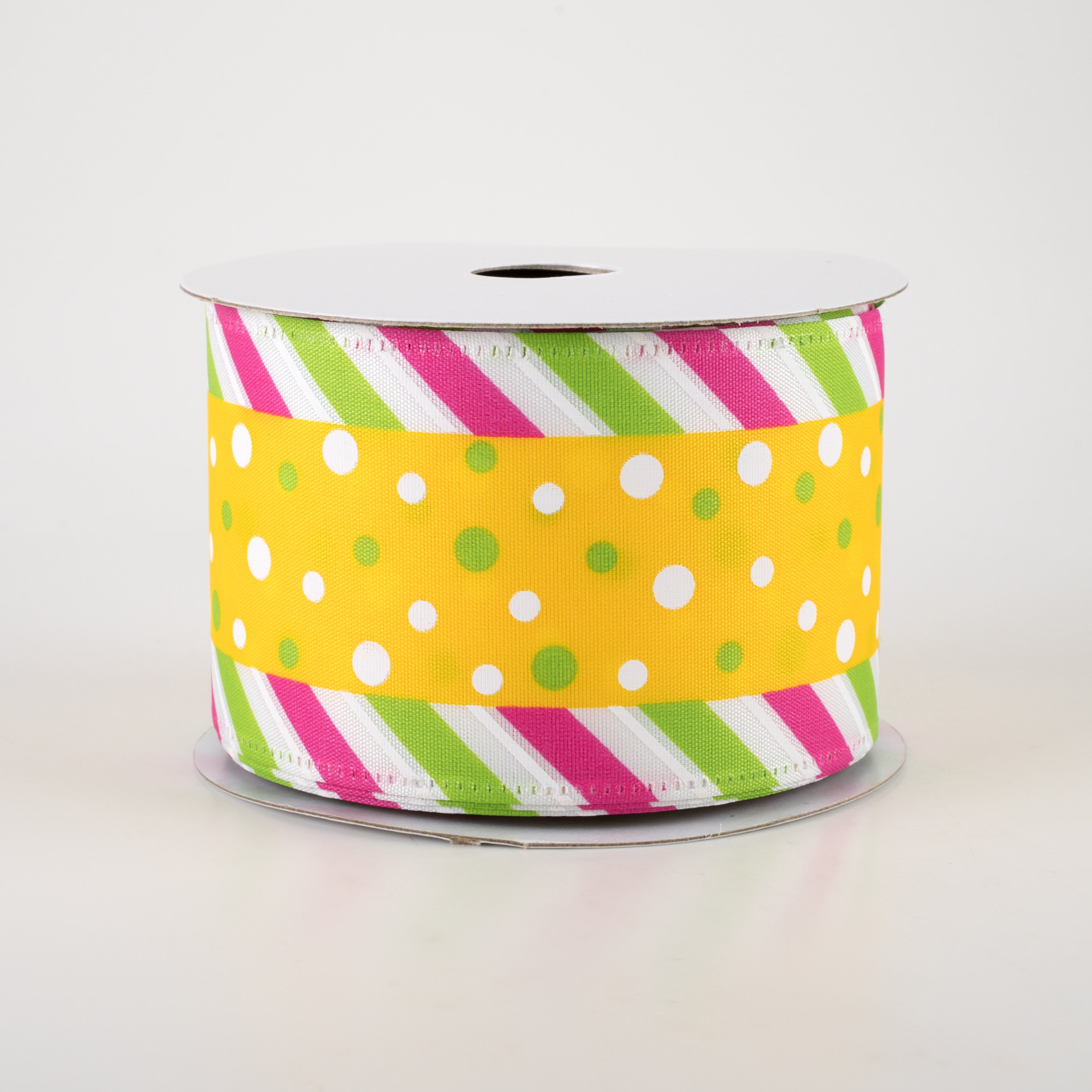 2.5" Satin Dots & Diagonal Stripe Edge Ribbon: Yellow (10 Yards) Item Number: 45211-40-22