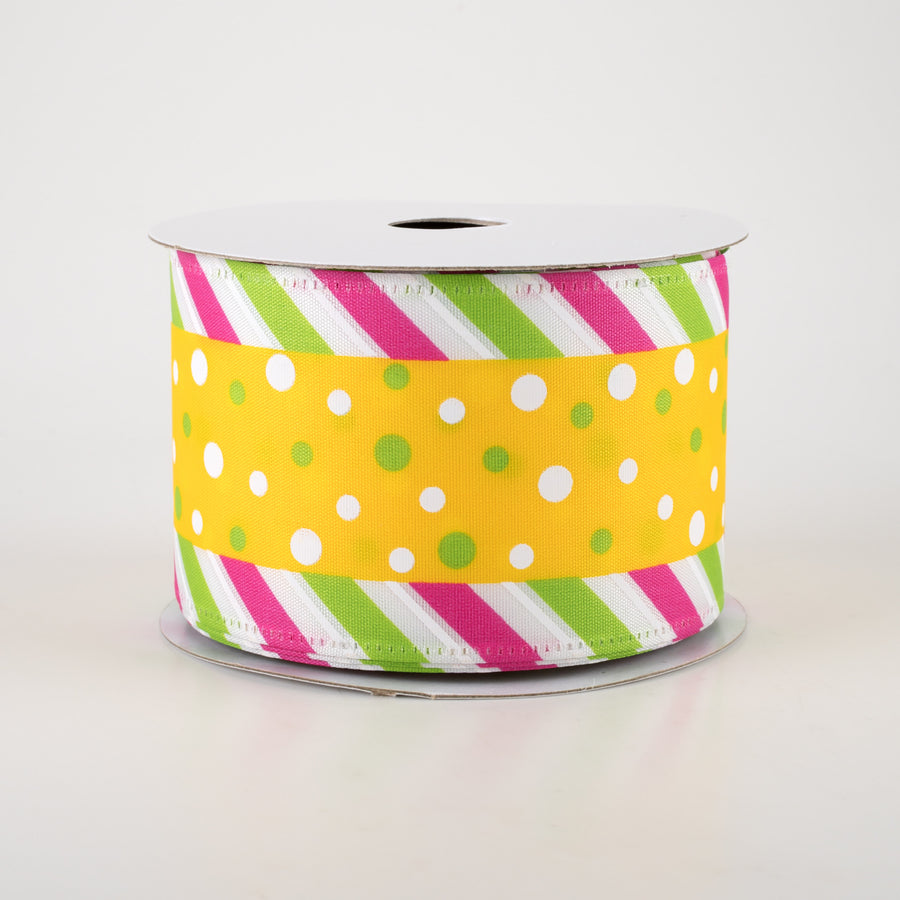 2.5" Satin Dots & Diagonal Stripe Edge Ribbon: Yellow (10 Yards) Item Number: 45211-40-22