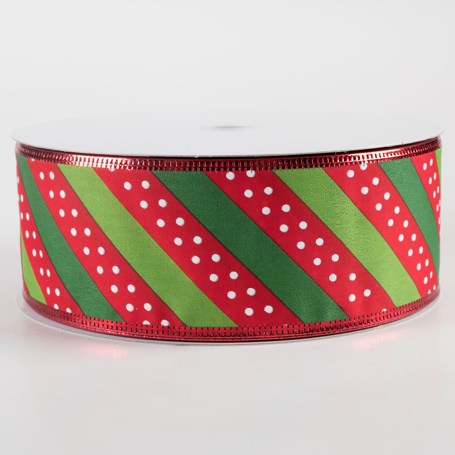 2.5" Satin Dots & Diagonal Stripes, Metallic Edge Ribbon: Red, White, Green (50 Yards)