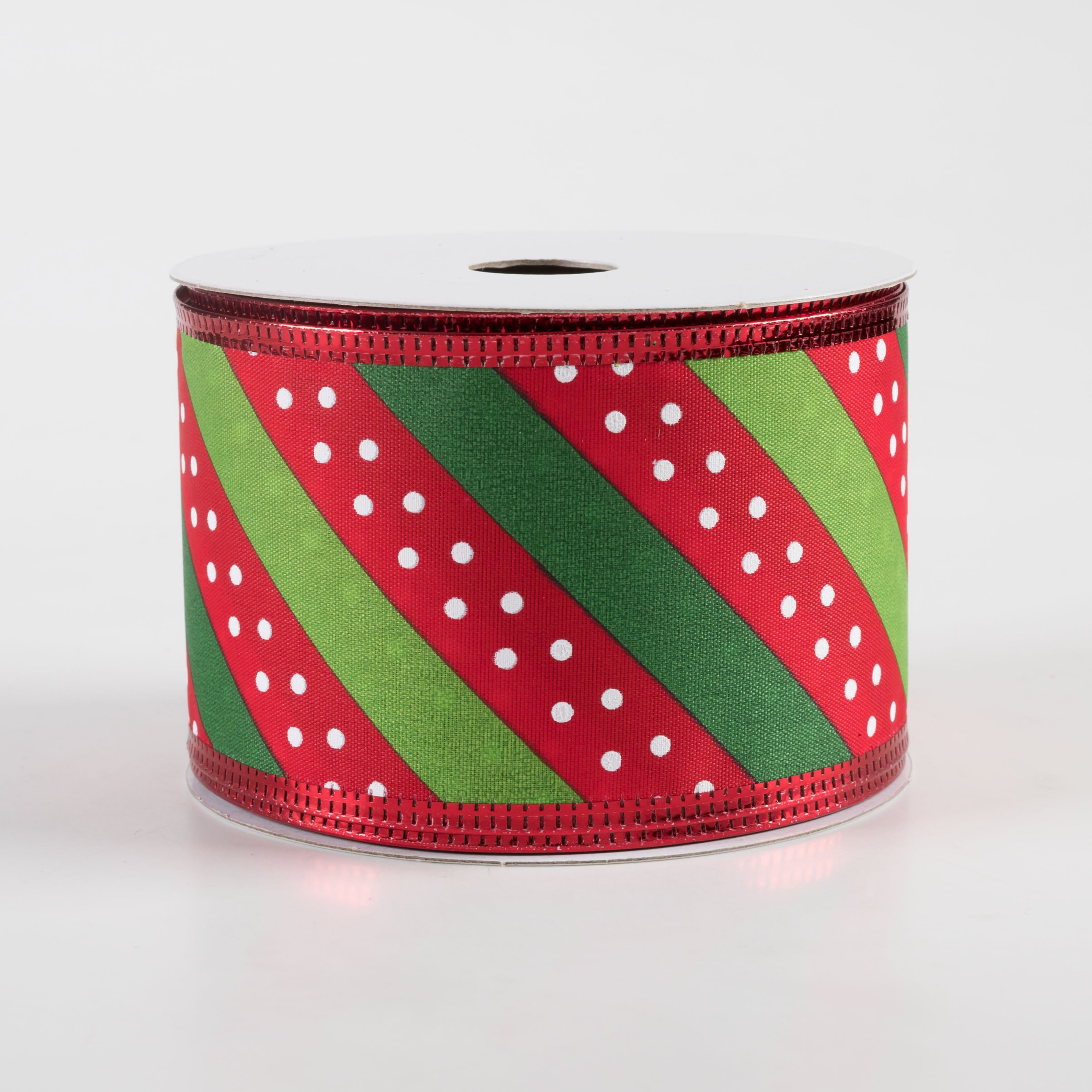 2.5" Satin Dots & Diagonal Stripes, Metallic Edge Ribbon: Red, White, Green (10 Yards)