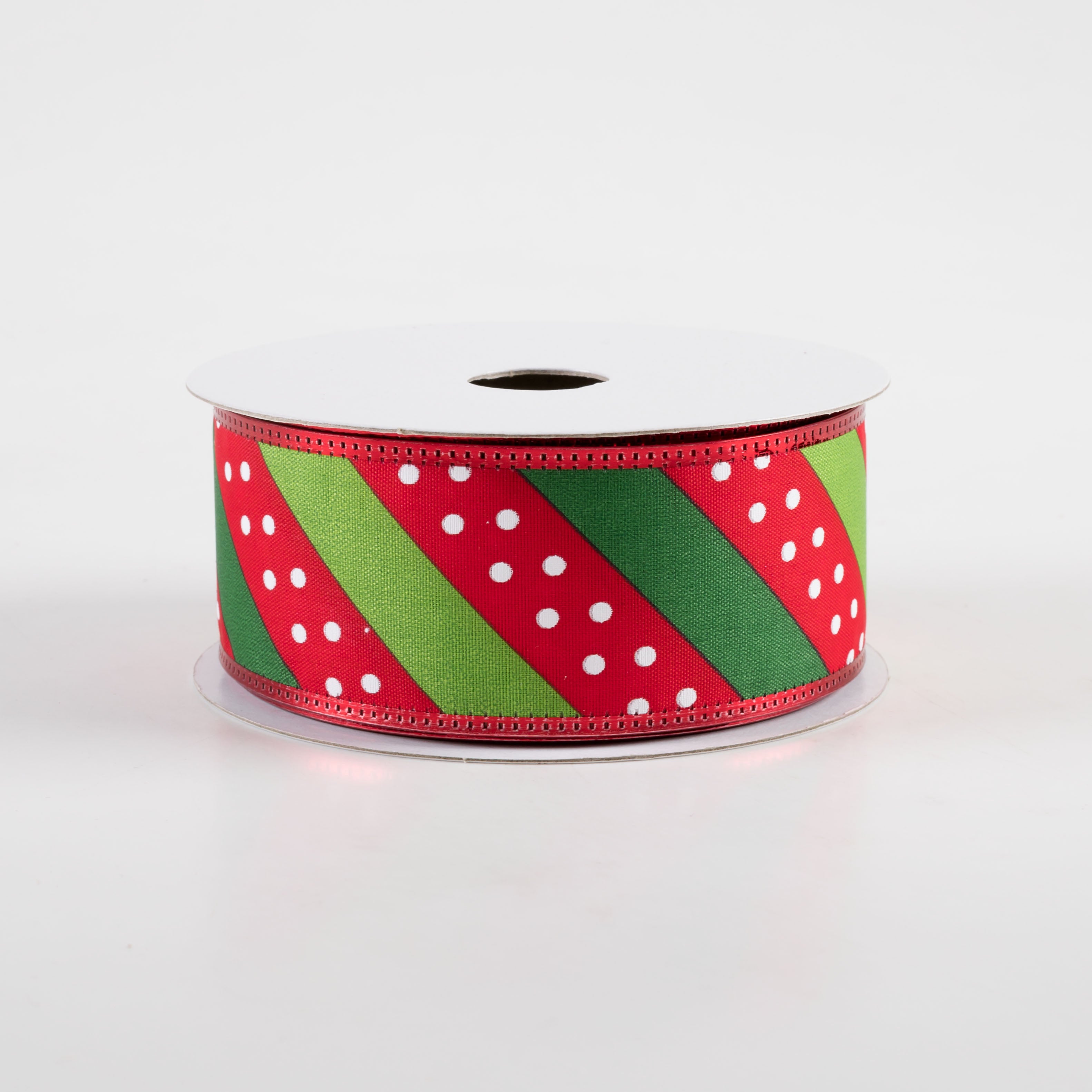 1.5" Satin Dots & Diagonal Stripes, Metallic Edge Ribbon: Red, White, Green (10 Yards)
