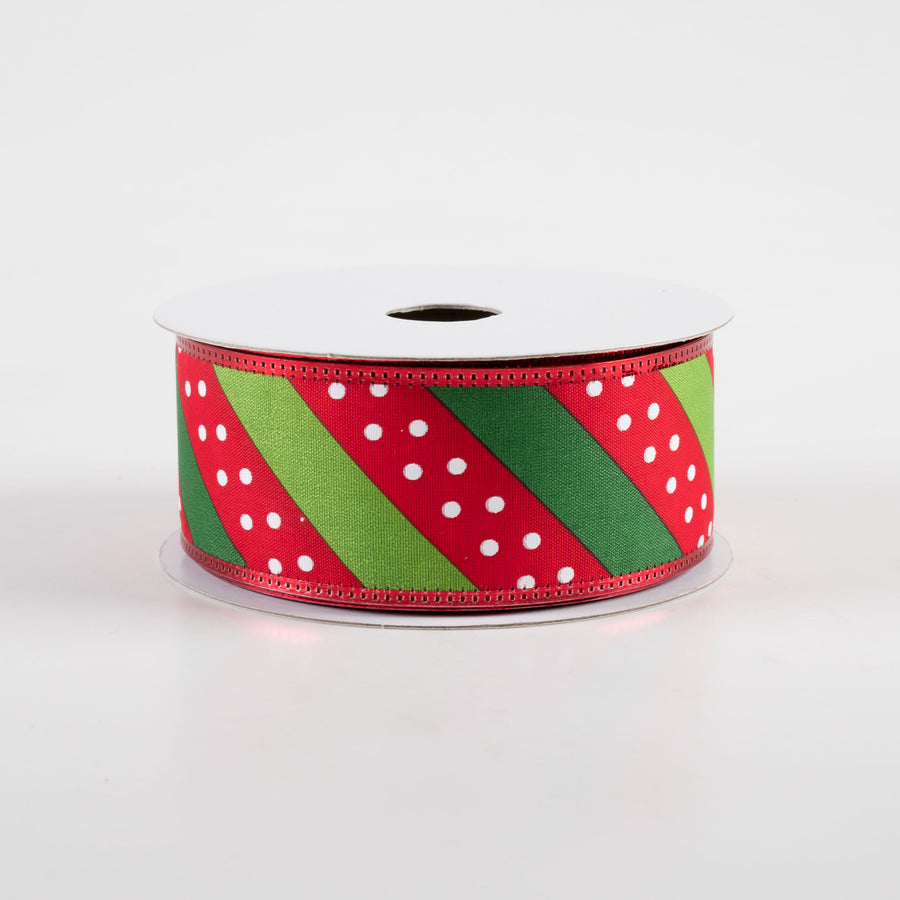 1.5" Satin Dots & Diagonal Stripes, Metallic Edge Ribbon: Red, White, Green (10 Yards)