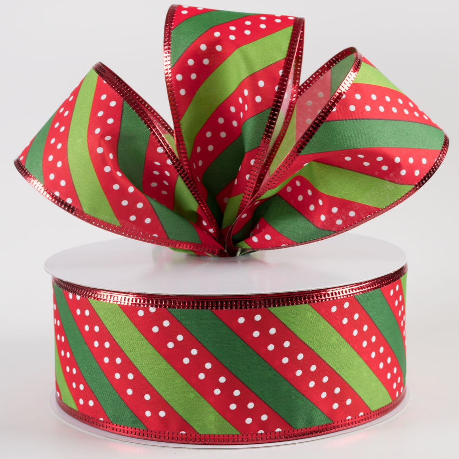 2.5" Satin Dots & Diagonal Stripes, Metallic Edge Ribbon: Red, White, Green (50 Yards) Lifestyle Photo