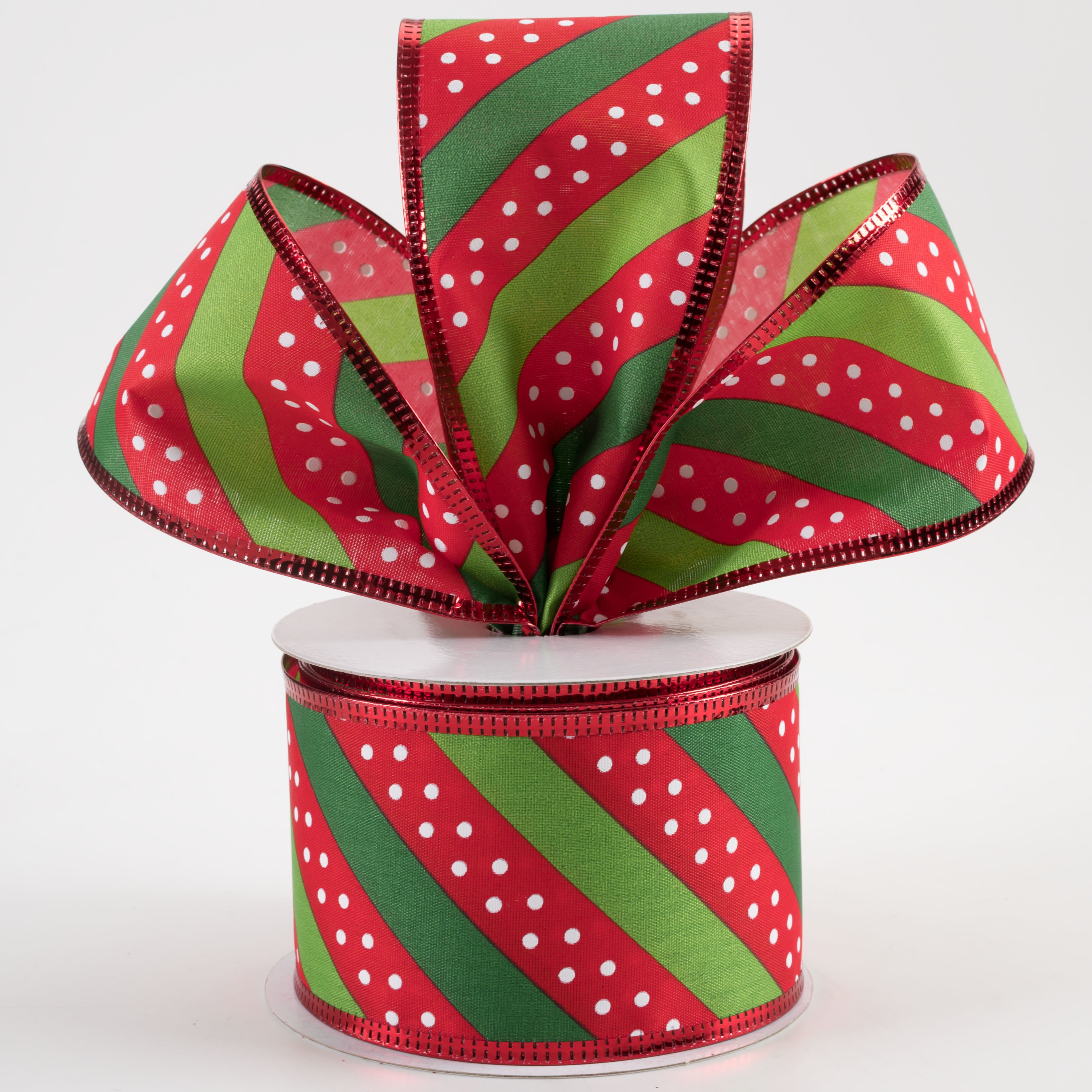2.5" Satin Dots & Diagonal Stripes, Metallic Edge Ribbon: Red, White, Green (10 Yards) Lifestyle Photo