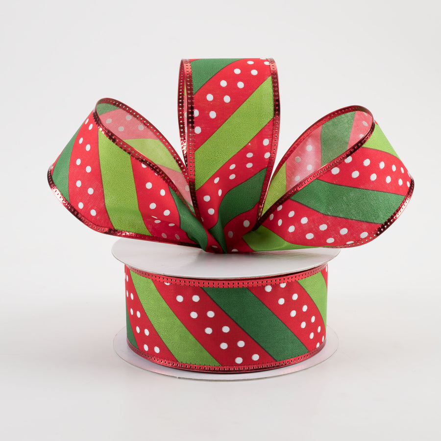 1.5" Satin Dots & Diagonal Stripes, Metallic Edge Ribbon: Red, White, Green (10 Yards) Lifestyle Photo