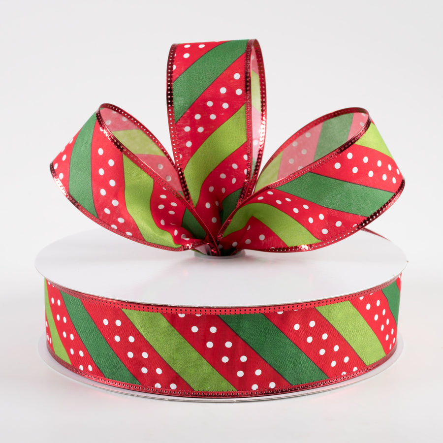 1.5" Satin Dots & Diagonal Stripes, Metallic Edge Ribbon: Red, White, Green (50 Yards) Lifestyle Photo