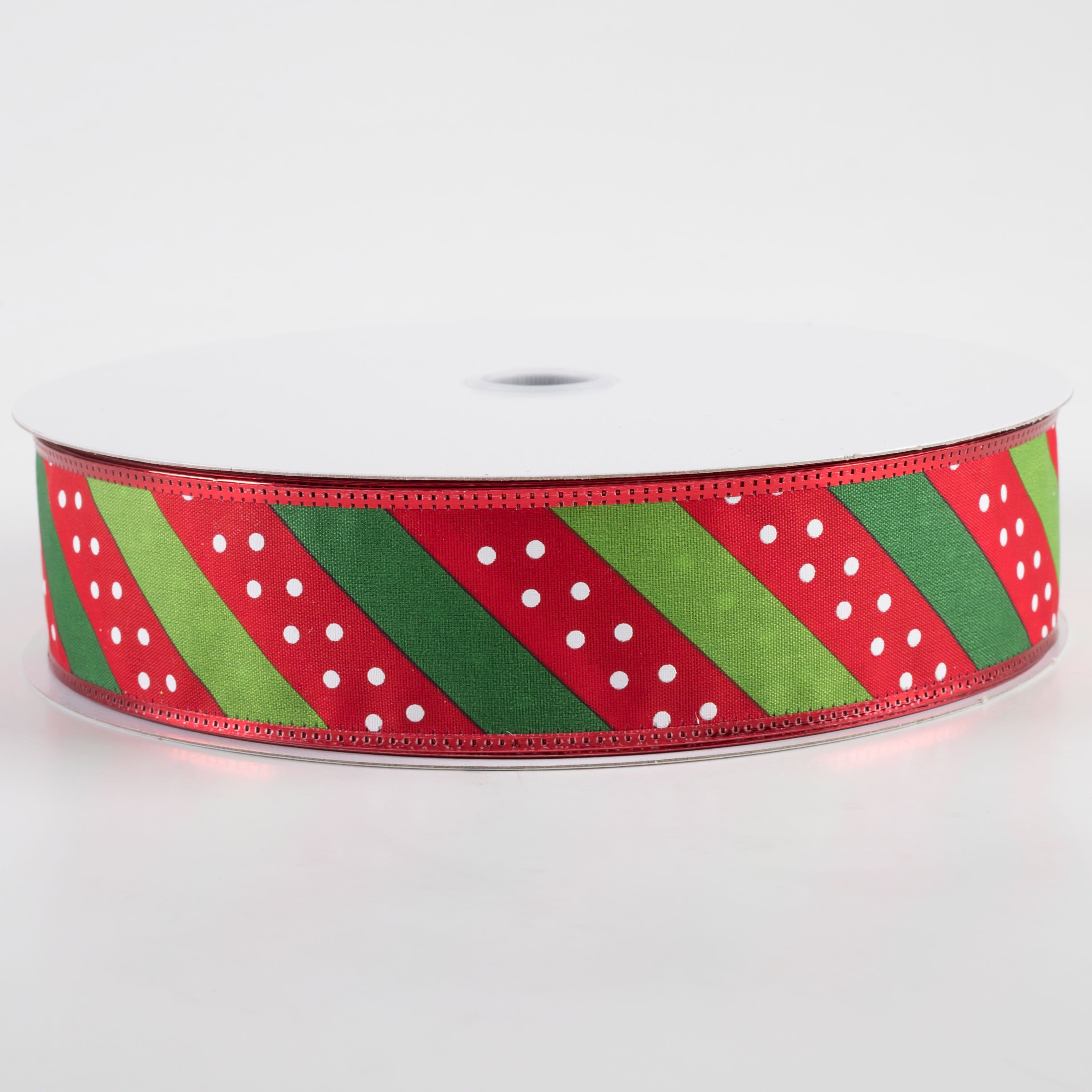 1.5" Satin Dots & Diagonal Stripes, Metallic Edge Ribbon: Red, White, Green (50 Yards)