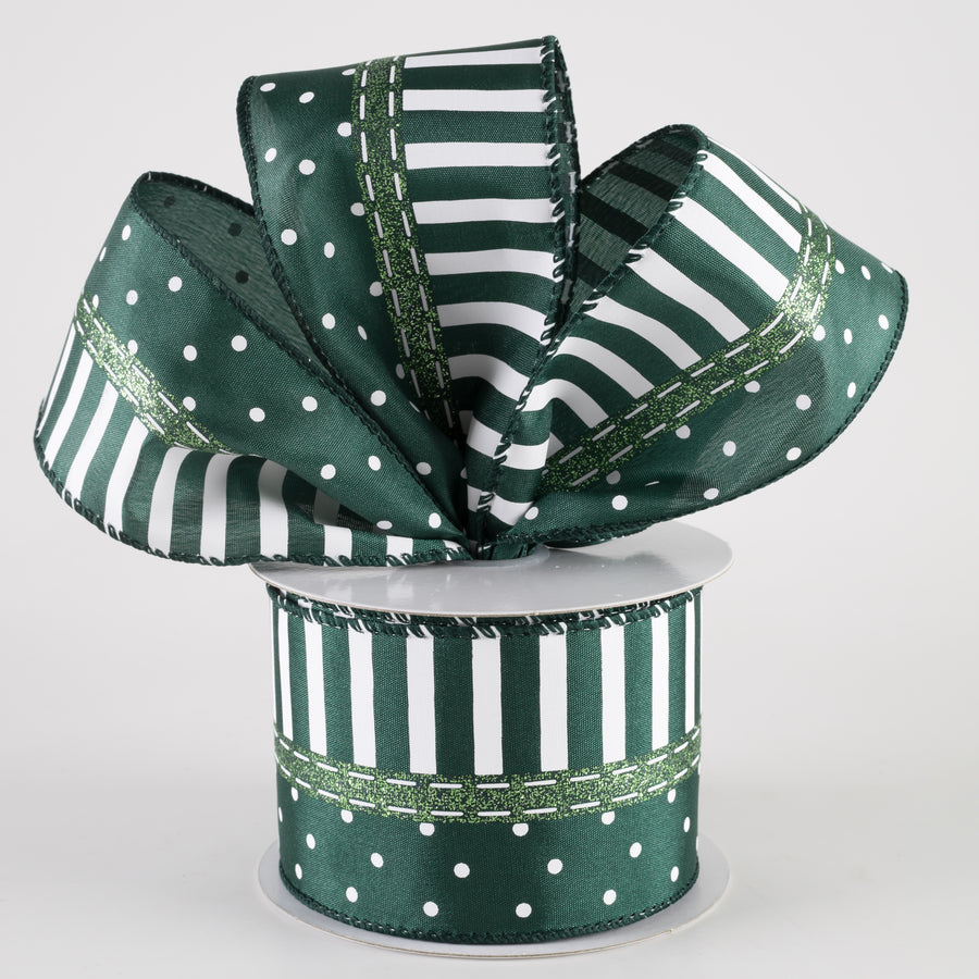 2.5" Satin Dots & Stripes Ribbon: Dark Green & White (10 Yards) Lifestyle Photo