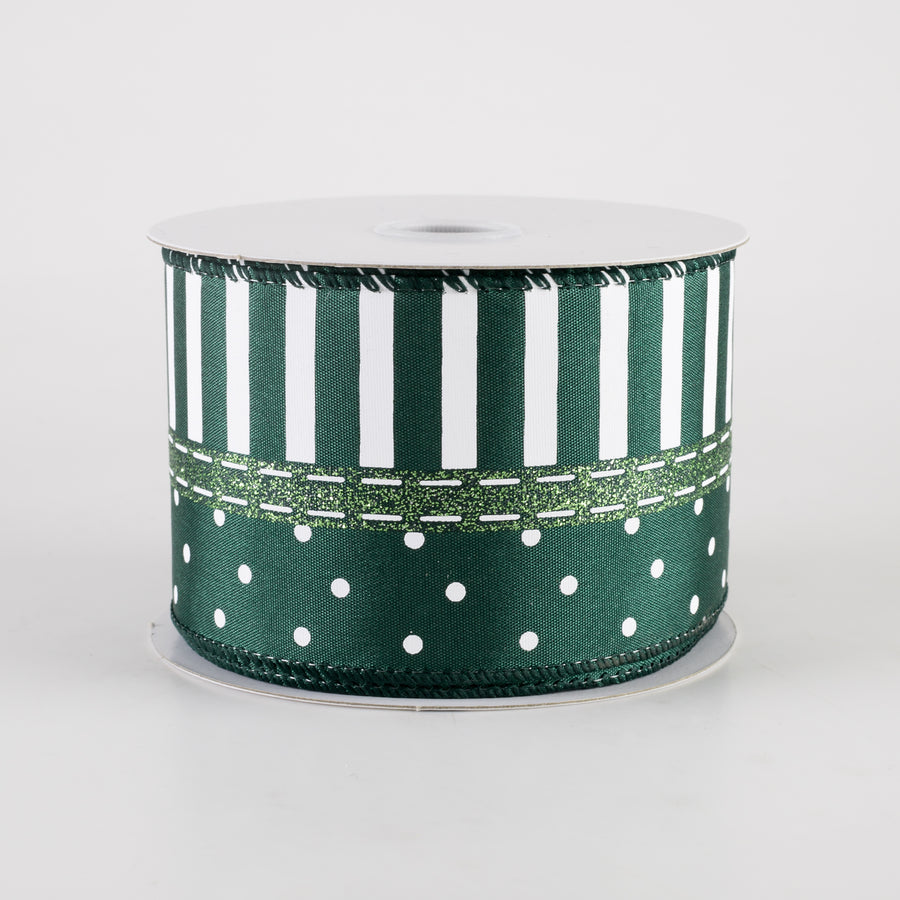2.5" Satin Dots & Stripes Ribbon: Dark Green & White (10 Yards)