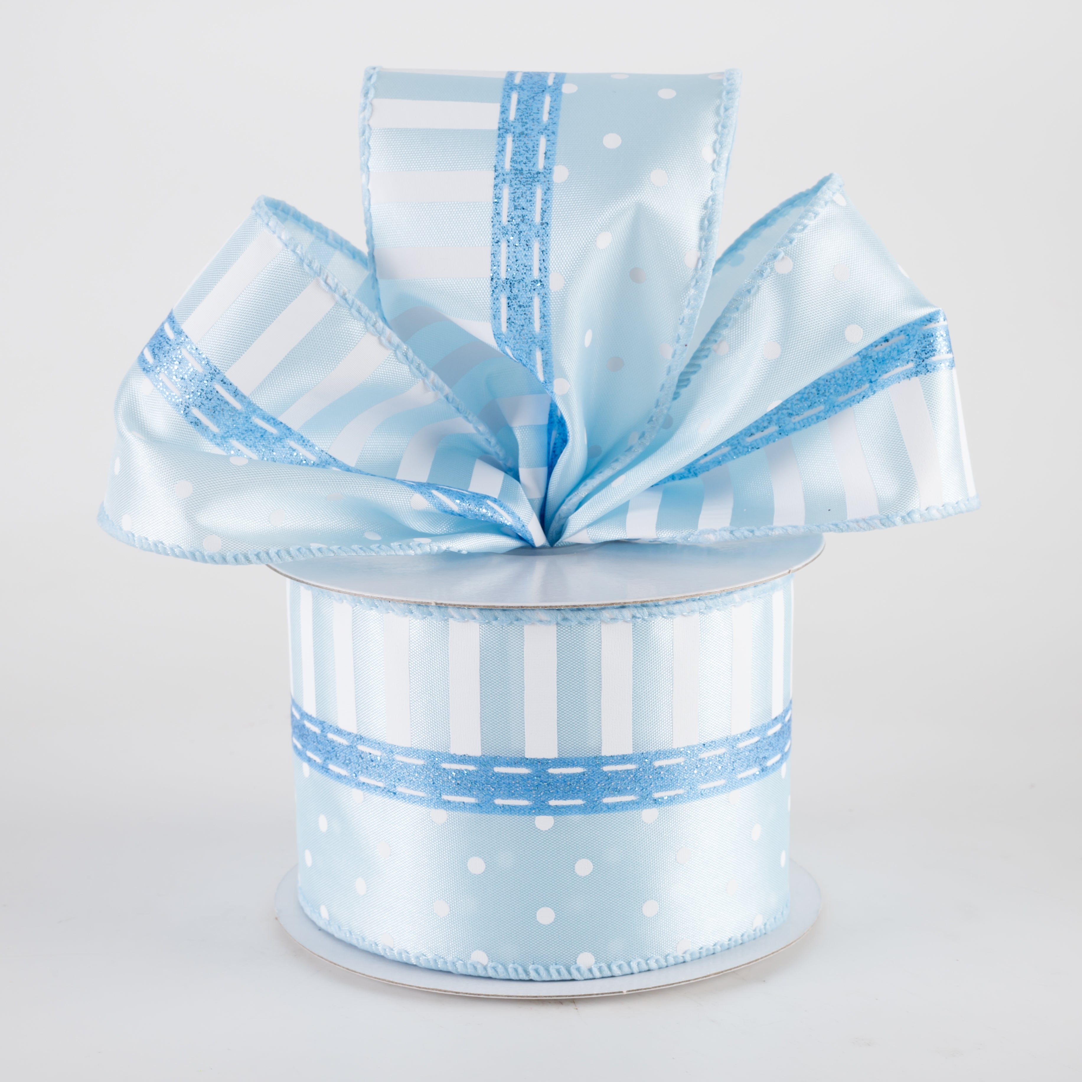 2.5" Satin Dots & Stripes Ribbon: Light Blue (10 Yards) Lifestyle Photo