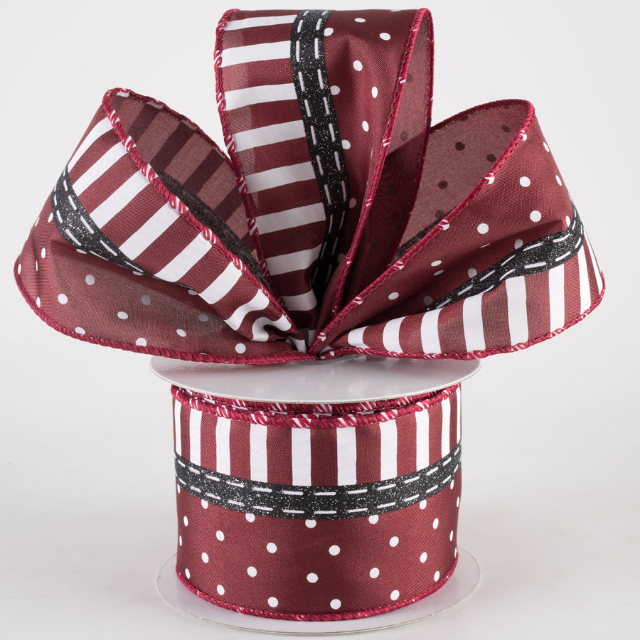 2.5" Satin Dots & Stripes Ribbon: Maroon, Black & White (10 Yards) Lifestyle Photo