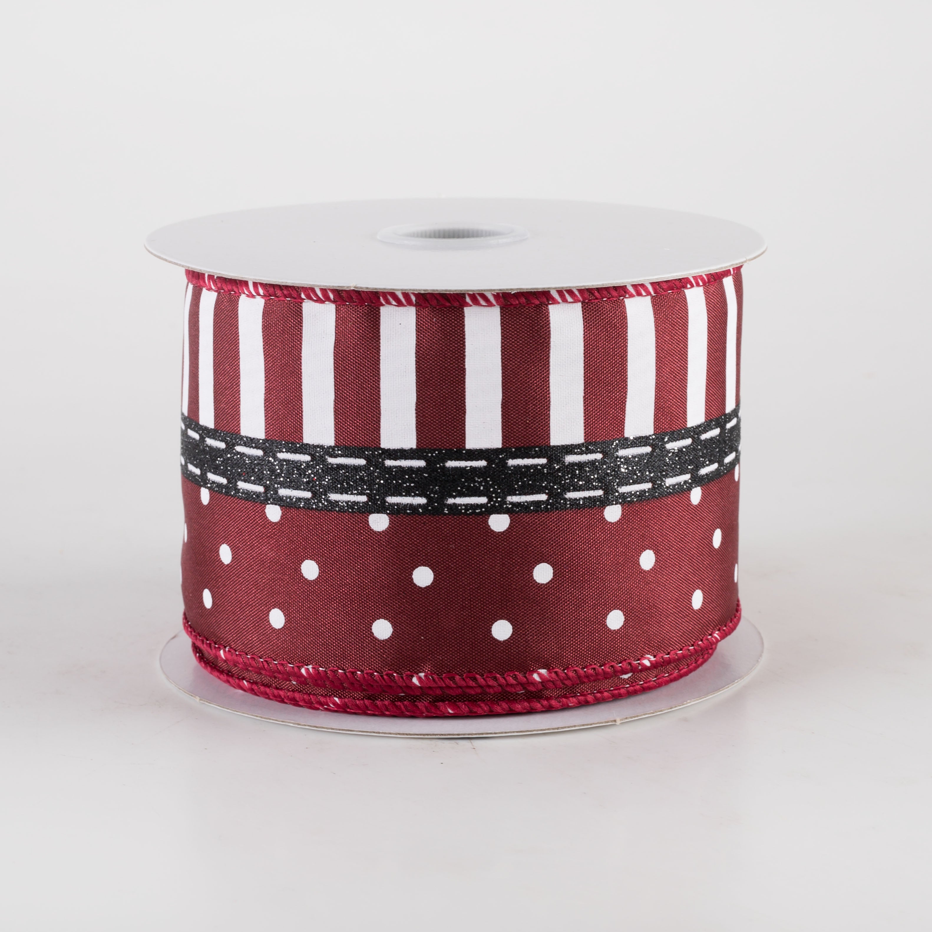 2.5" Satin Dots & Stripes Ribbon: Maroon, Black & White (10 Yards)