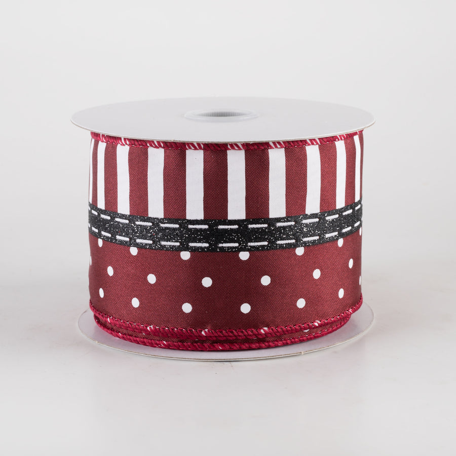 2.5" Satin Dots & Stripes Ribbon: Maroon, Black & White (10 Yards)