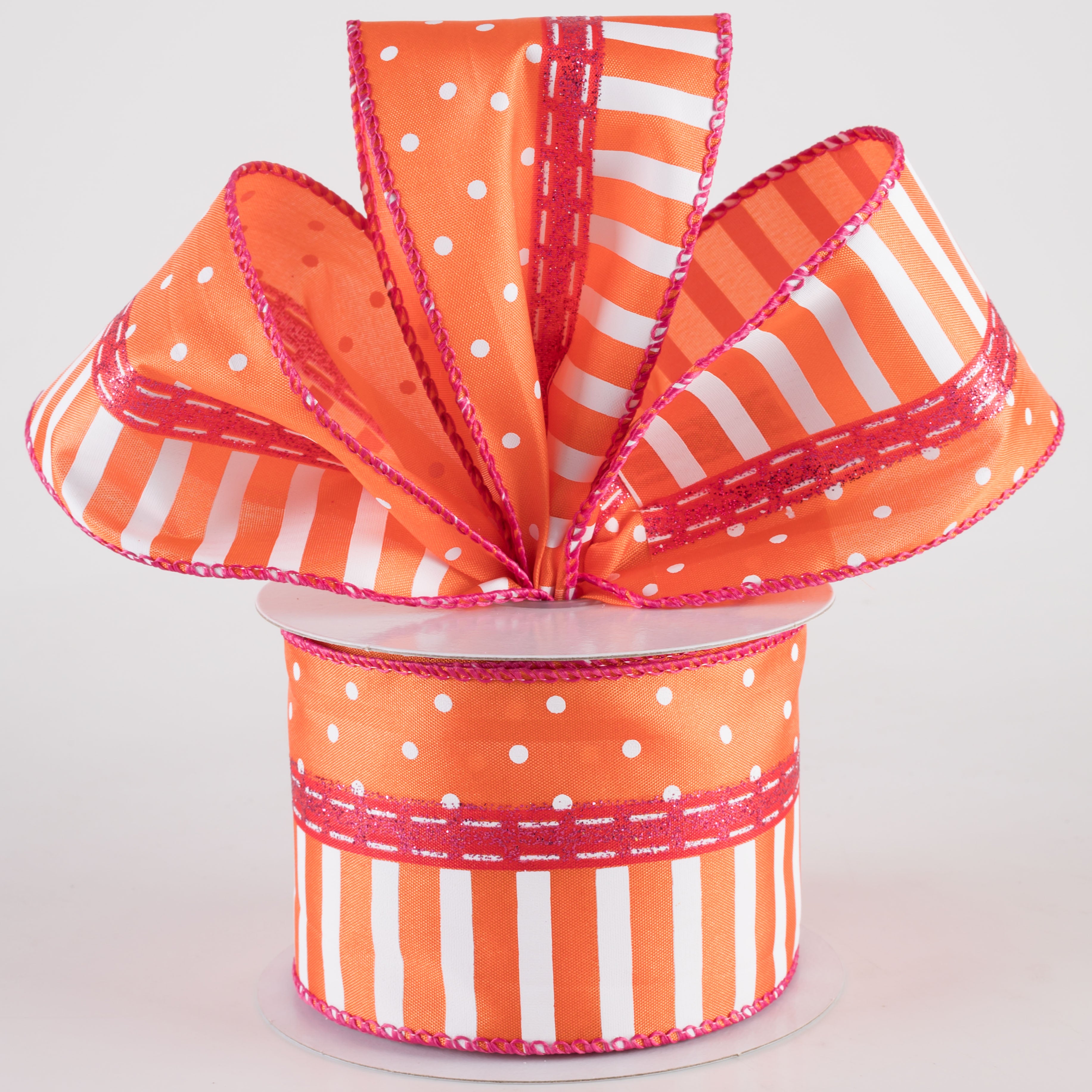 2.5" Satin Dots & Stripes Ribbon: Orange & Fuchsia Pink (10 Yards) Lifestyle Photo