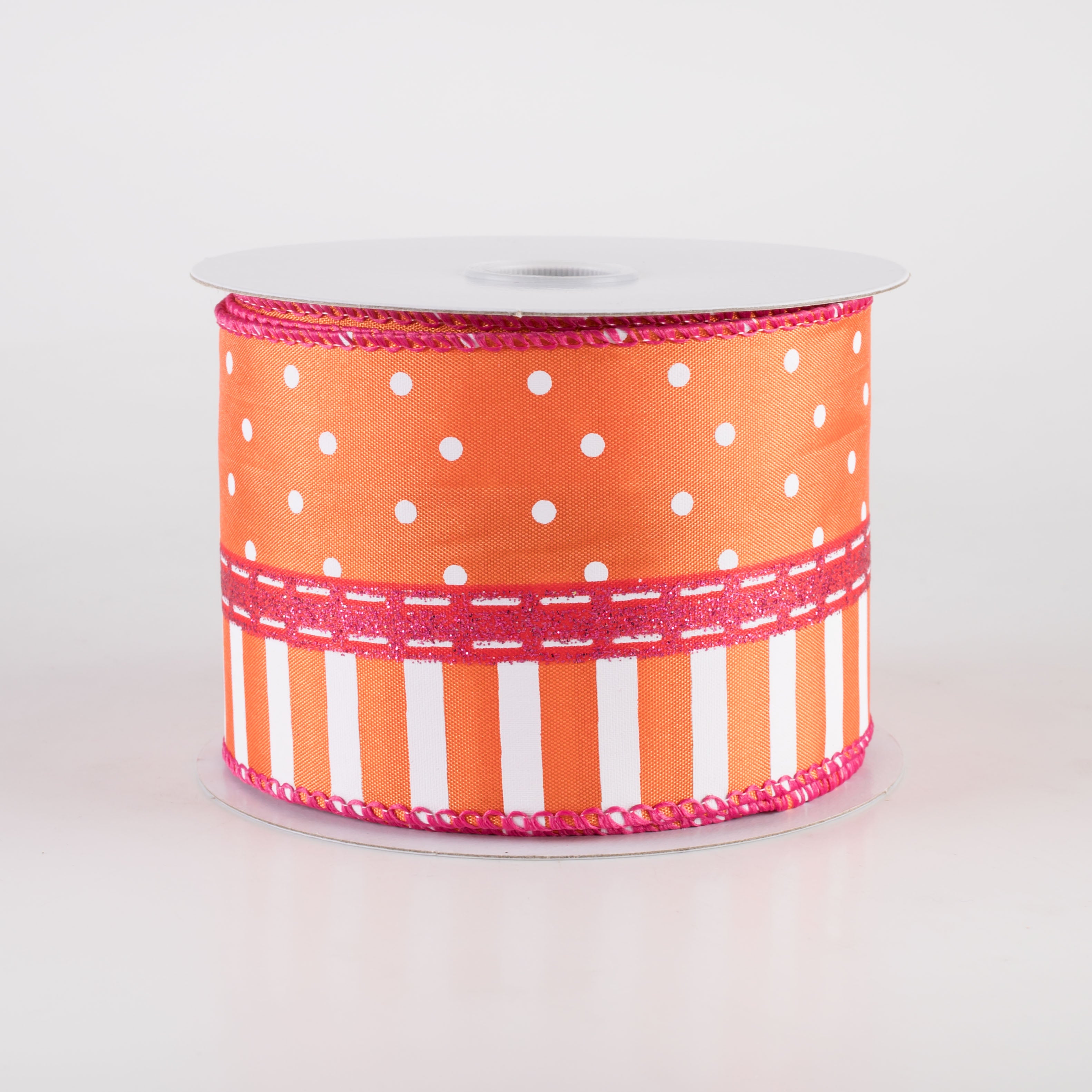 2.5" Satin Dots & Stripes Ribbon: Orange & Fuchsia Pink (10 Yards) Item Number: 61415-40-19