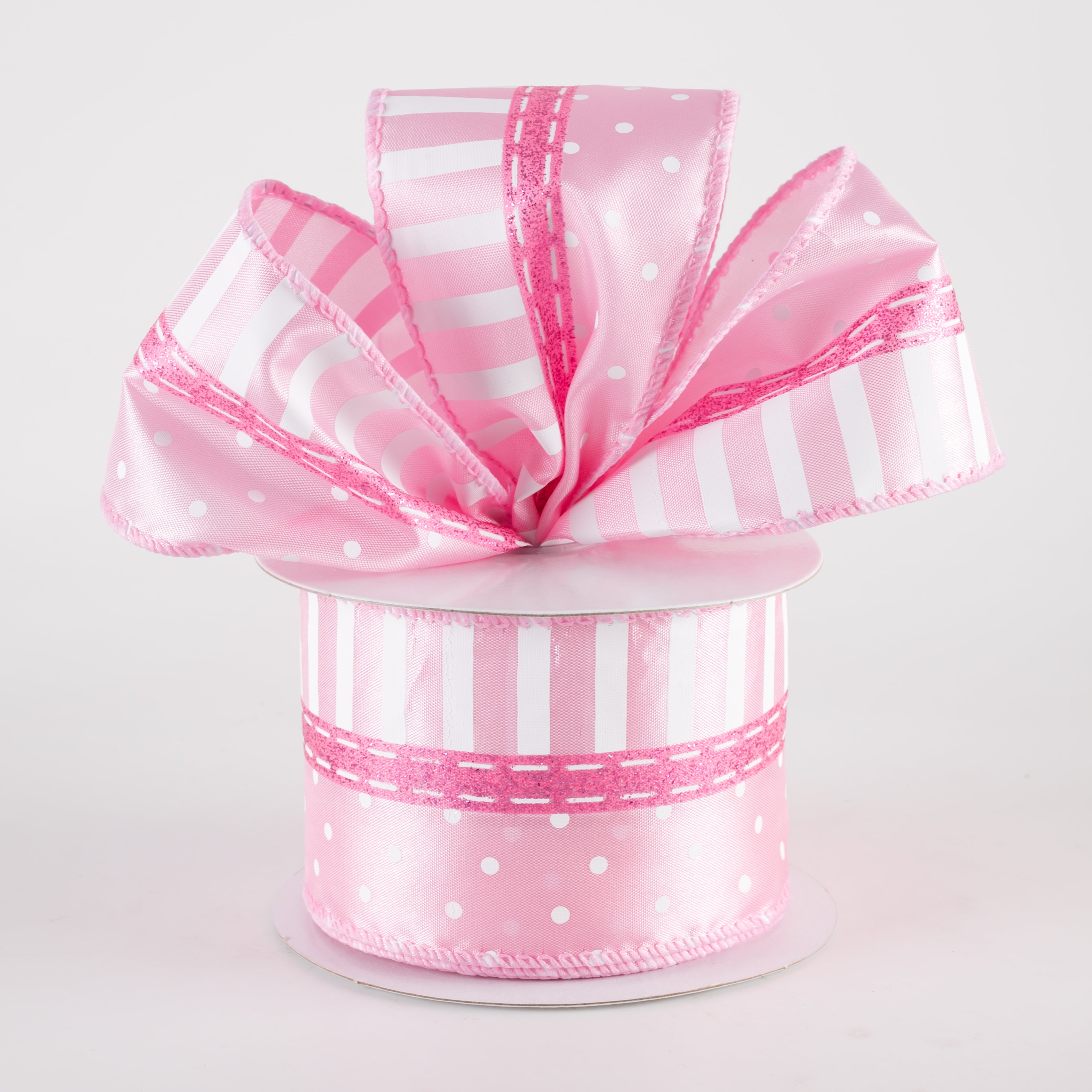 2.5" Satin Dots & Stripes Ribbon: Pink (10 Yards) Lifestyle Photo