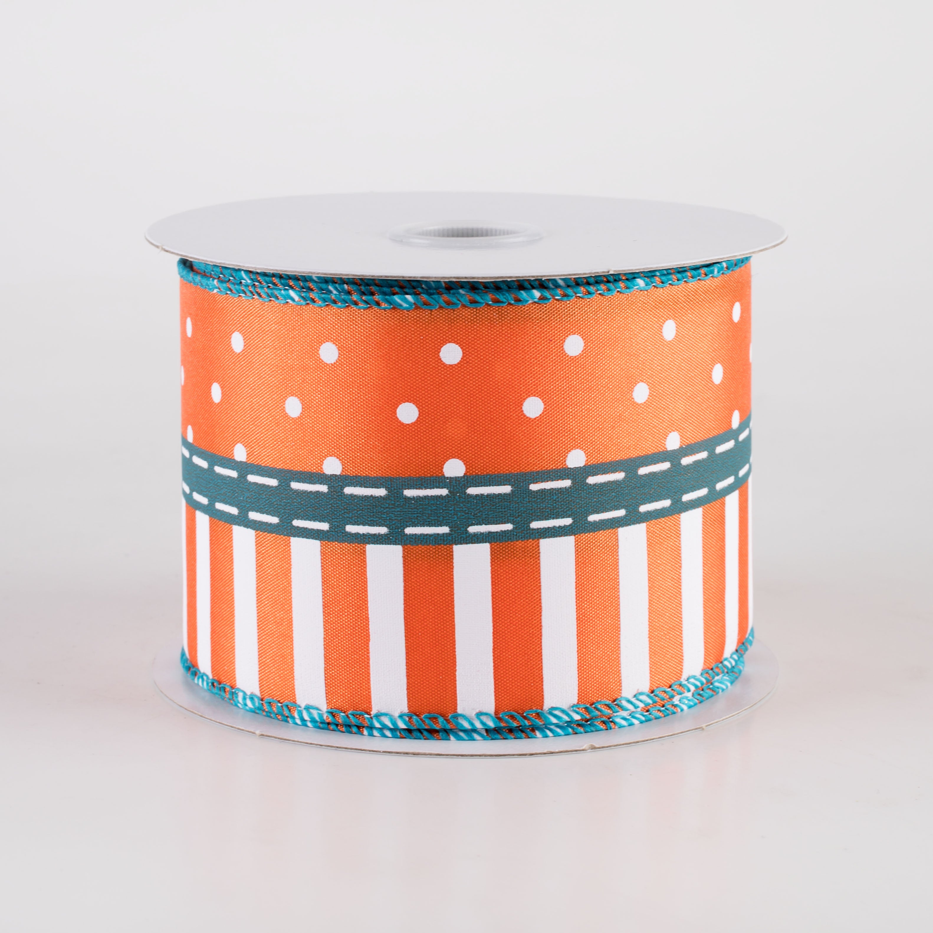 2.5" Satin Dots & Stripes Ribbon: Teal Blue & Orange (10 Yards) Item Number: 61302-40-19