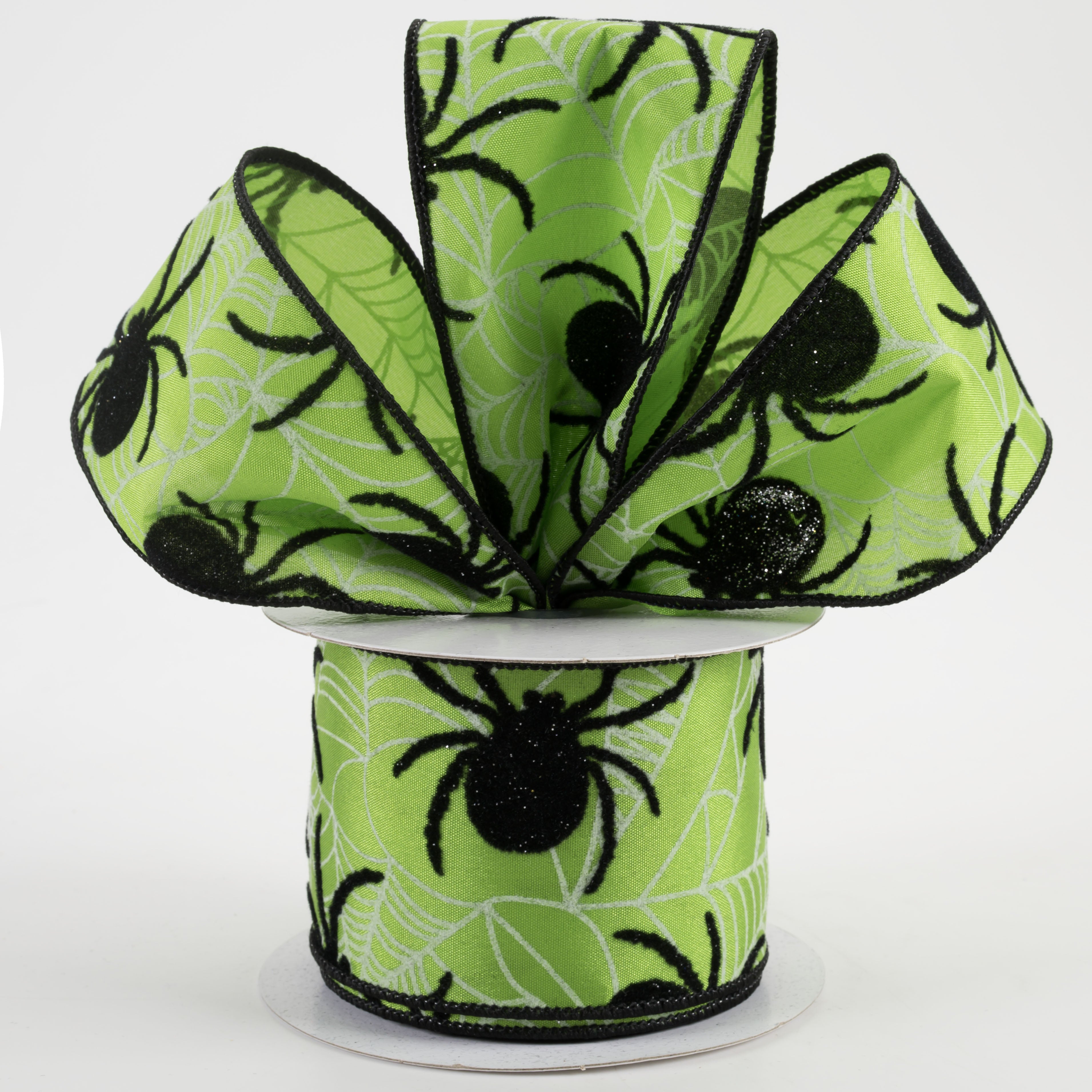 2.5" Satin Flocked Spider Ribbon: Lime Green (10 Yards) Lifestyle Photo