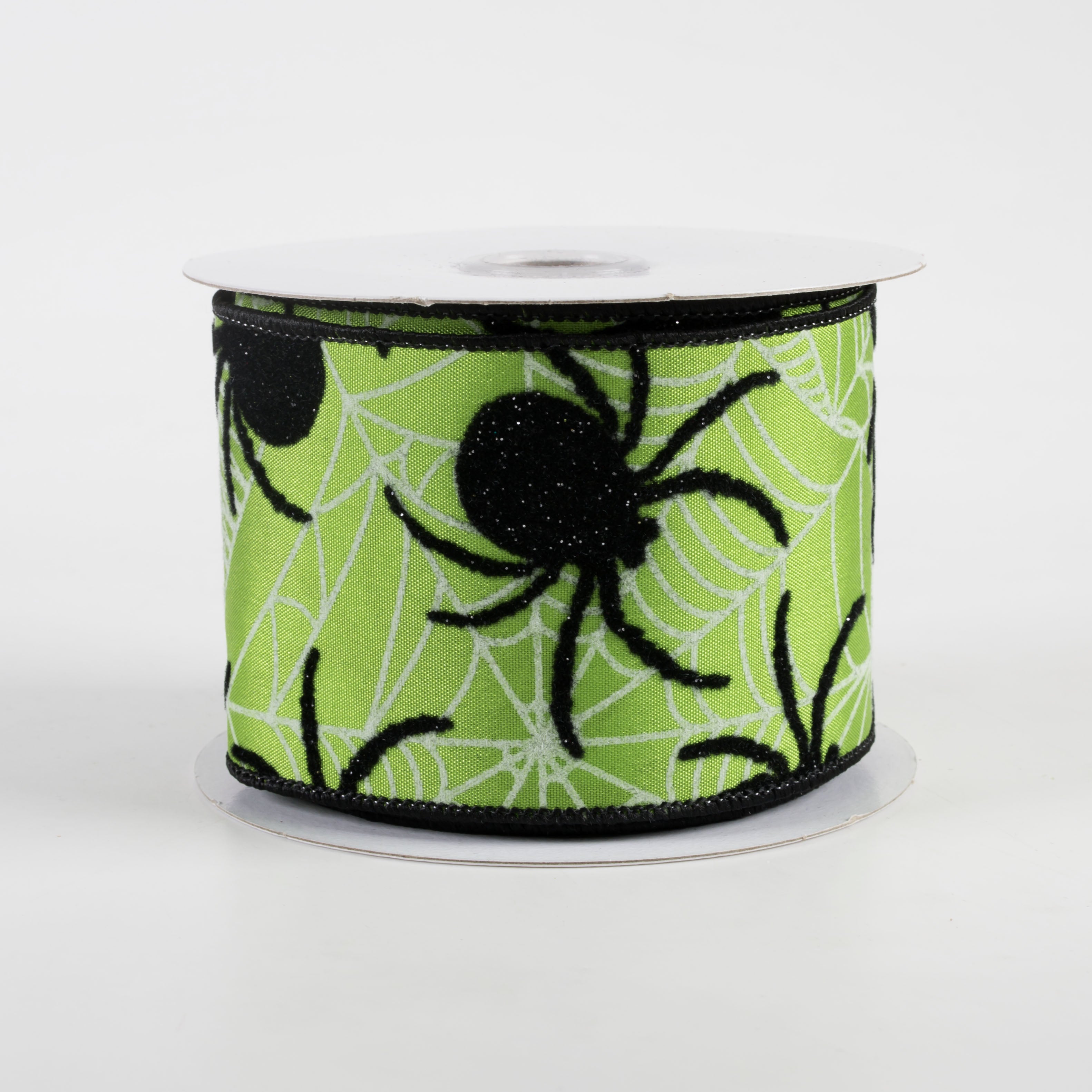 2.5" Satin Flocked Spider Ribbon: Lime Green (10 Yards)