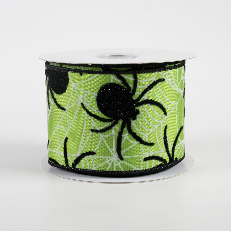 2.5" Satin Flocked Spider Ribbon: Lime Green (10 Yards)
