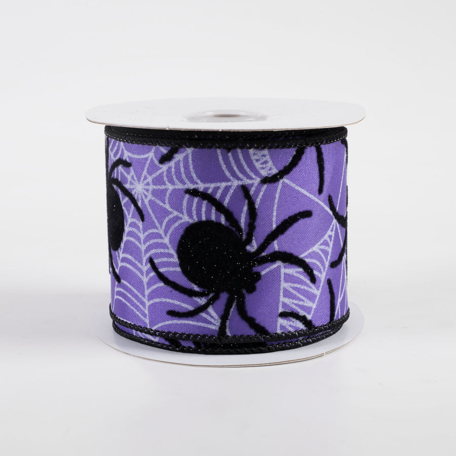 2.5" Satin Flocked Spider Ribbon: Purple (10 Yards)