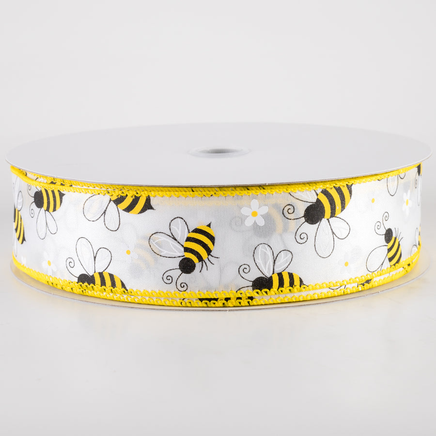 1.5" Satin Flying Bees and Daisies Ribbon (50 Yards)