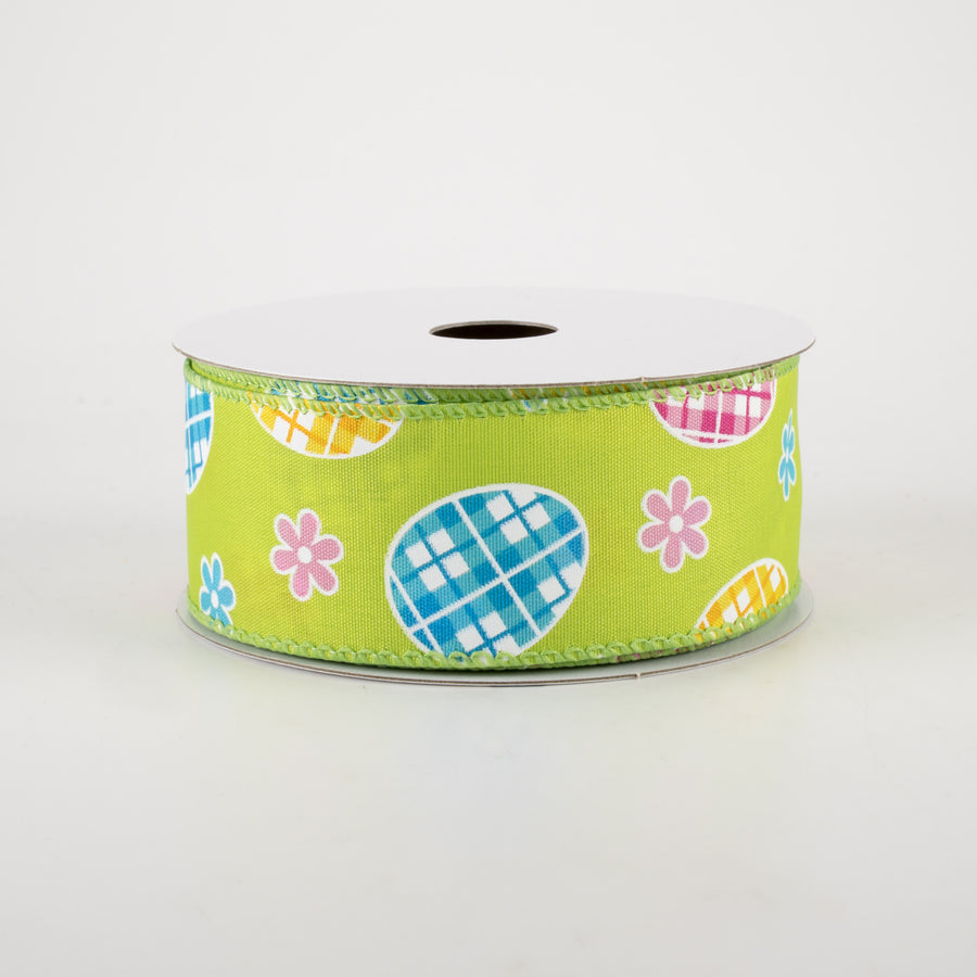 1.5" Satin Gingham Easter Eggs Ribbon: Lime Green (10 Yards) Item Number: 31213-09-09