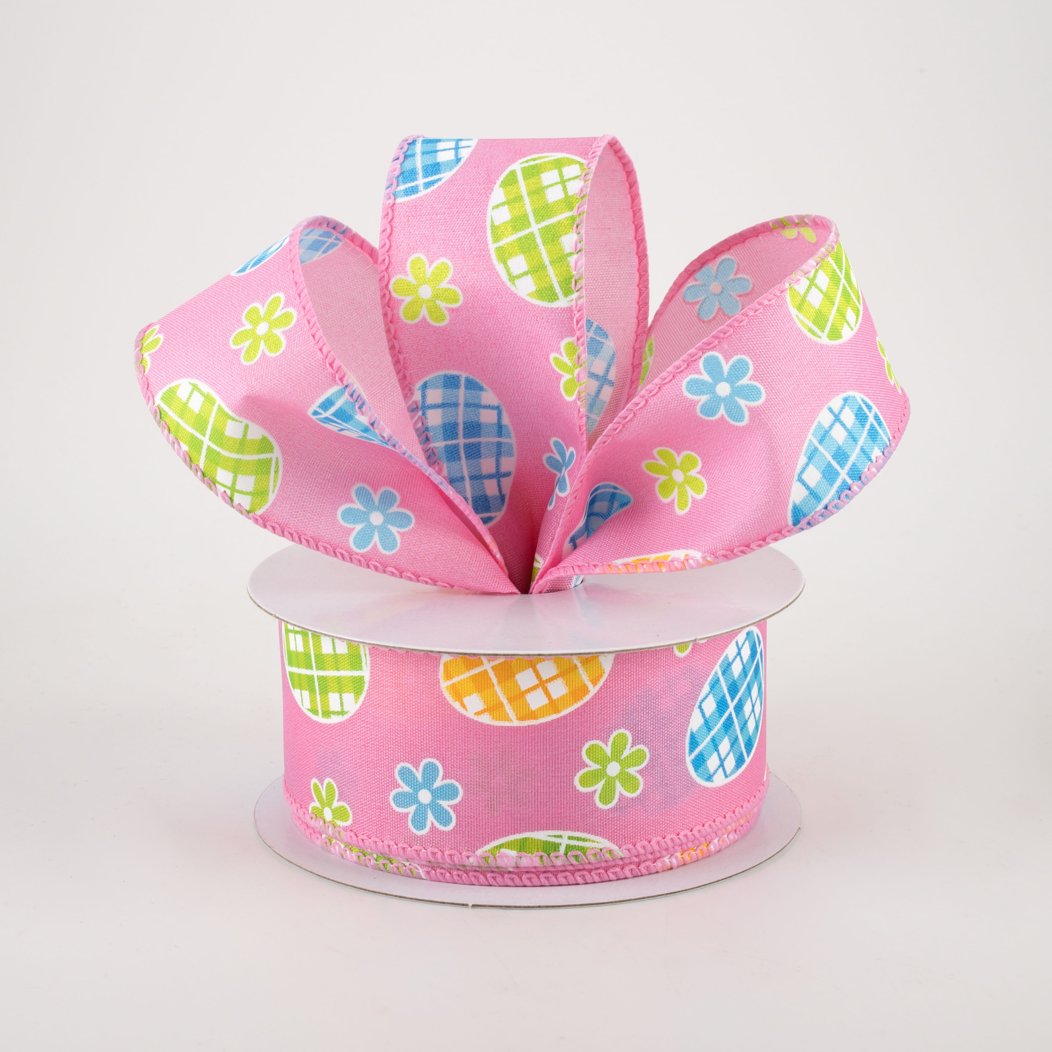 1.5" Satin Gingham Easter Eggs Ribbon: Pink (10 Yards) Lifestyle Photo