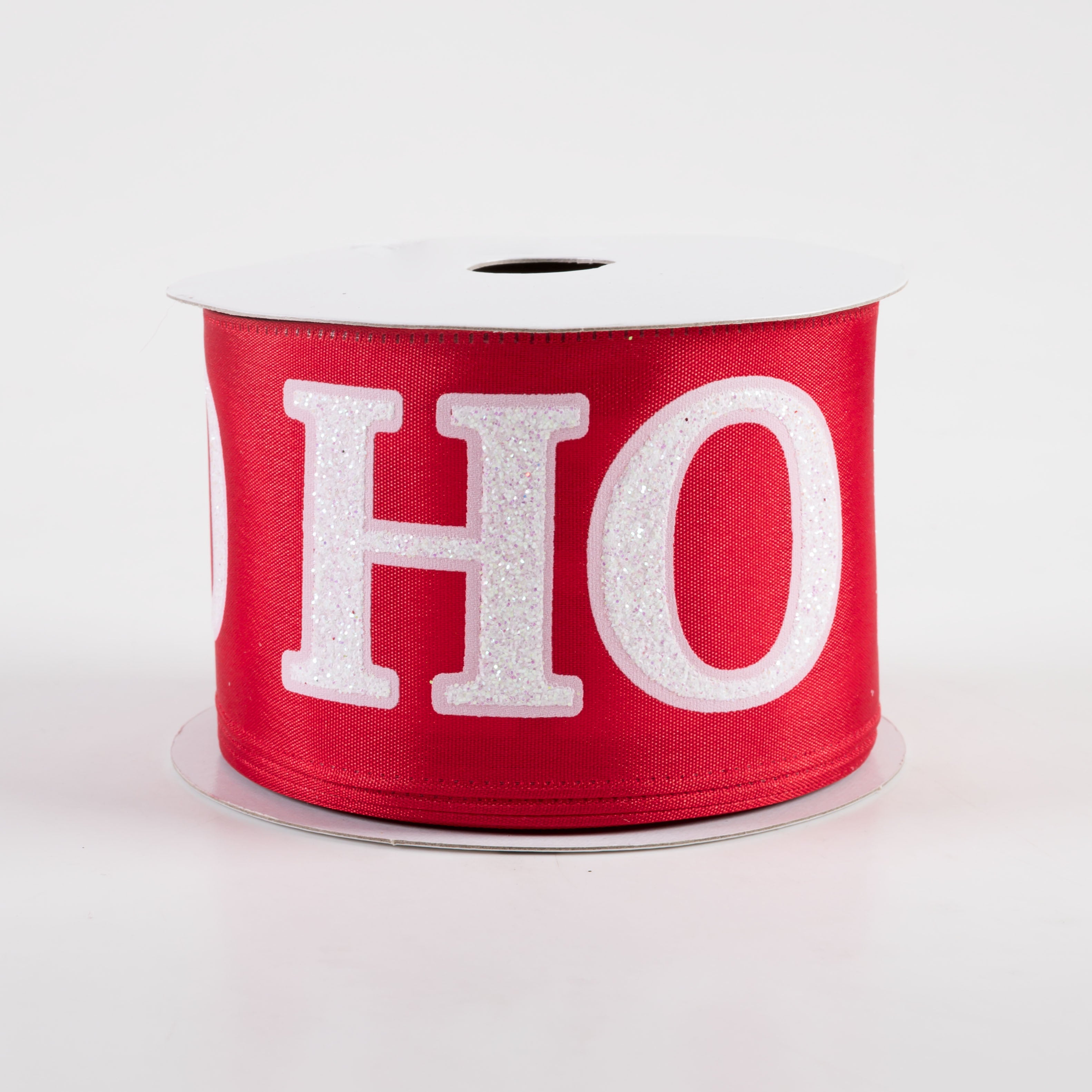 2.5" Satin Glitter Ho Ho Ho Ribbon: Red & White (10 Yards)