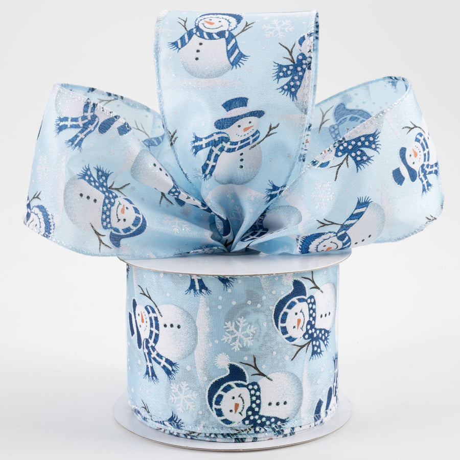 2.5" Satin Glitter Snowman & Snowflakes Ribbon: Light Blue (10 Yards) Lifestyle Photo