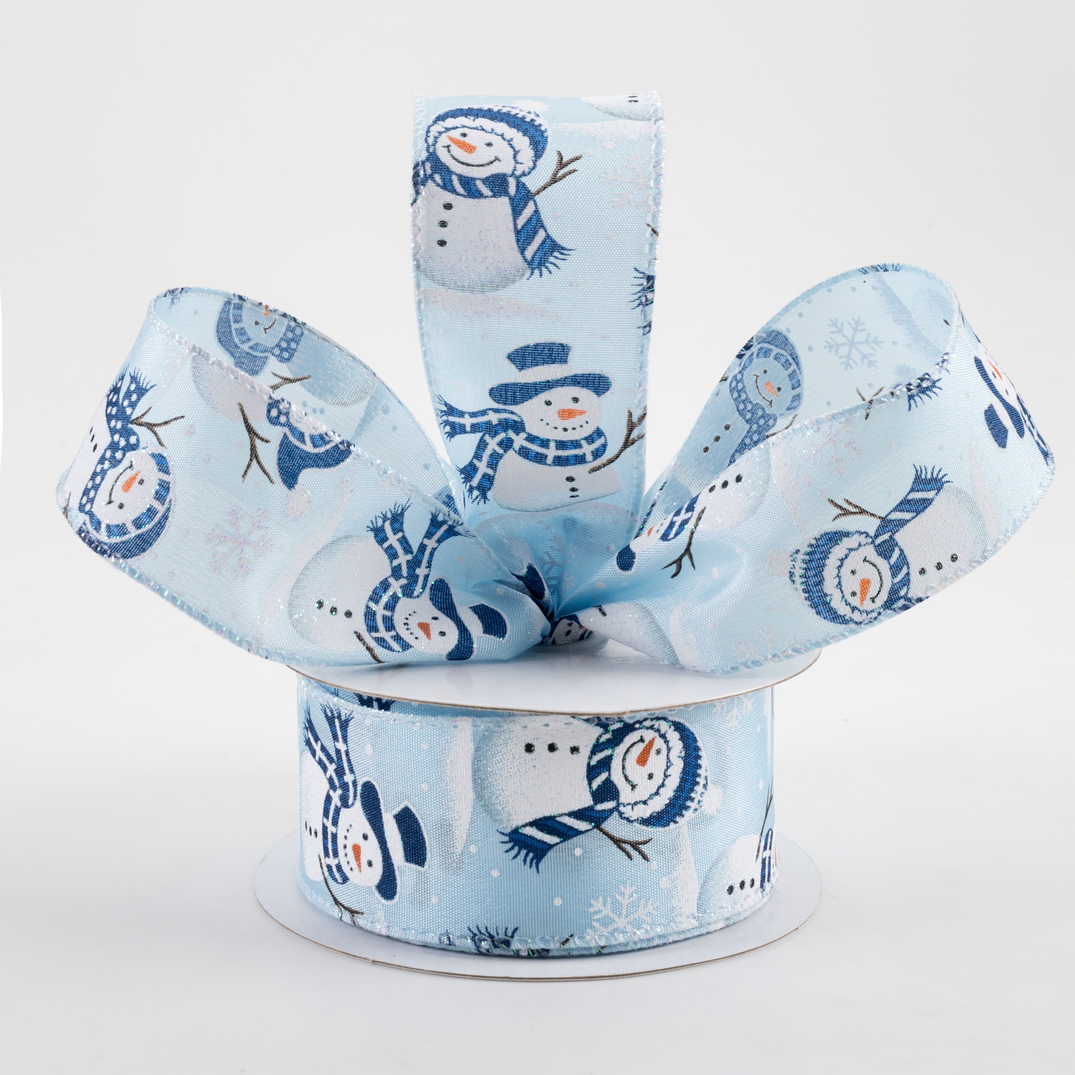 1.5" Satin Glitter Snowman & Snowflakes Ribbon: Light Blue (10 Yards) Lifestyle Photo
